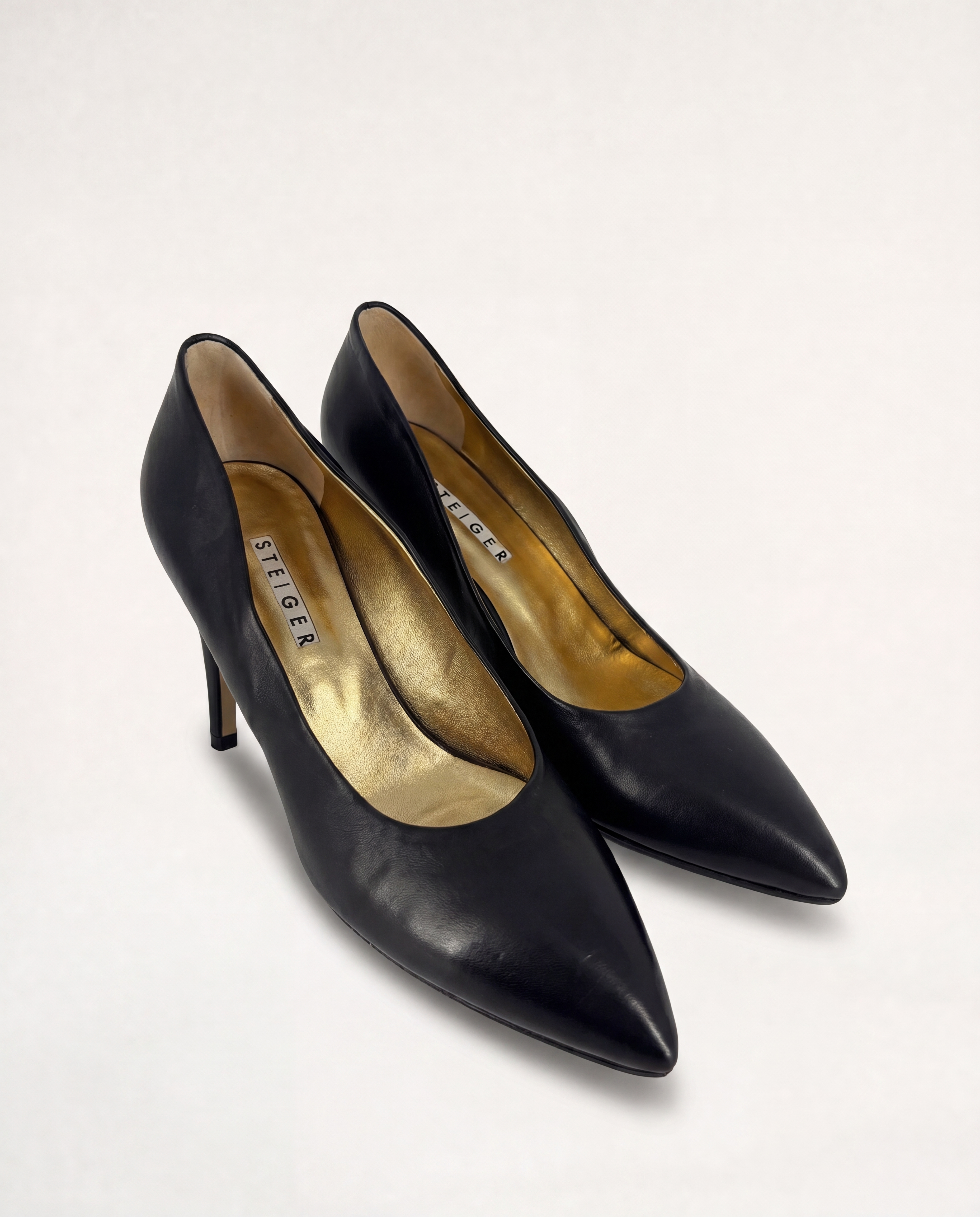 Escarpins Steiger cuir véritable noir bout pointu talon fin doublure cuir doré – T.41-1