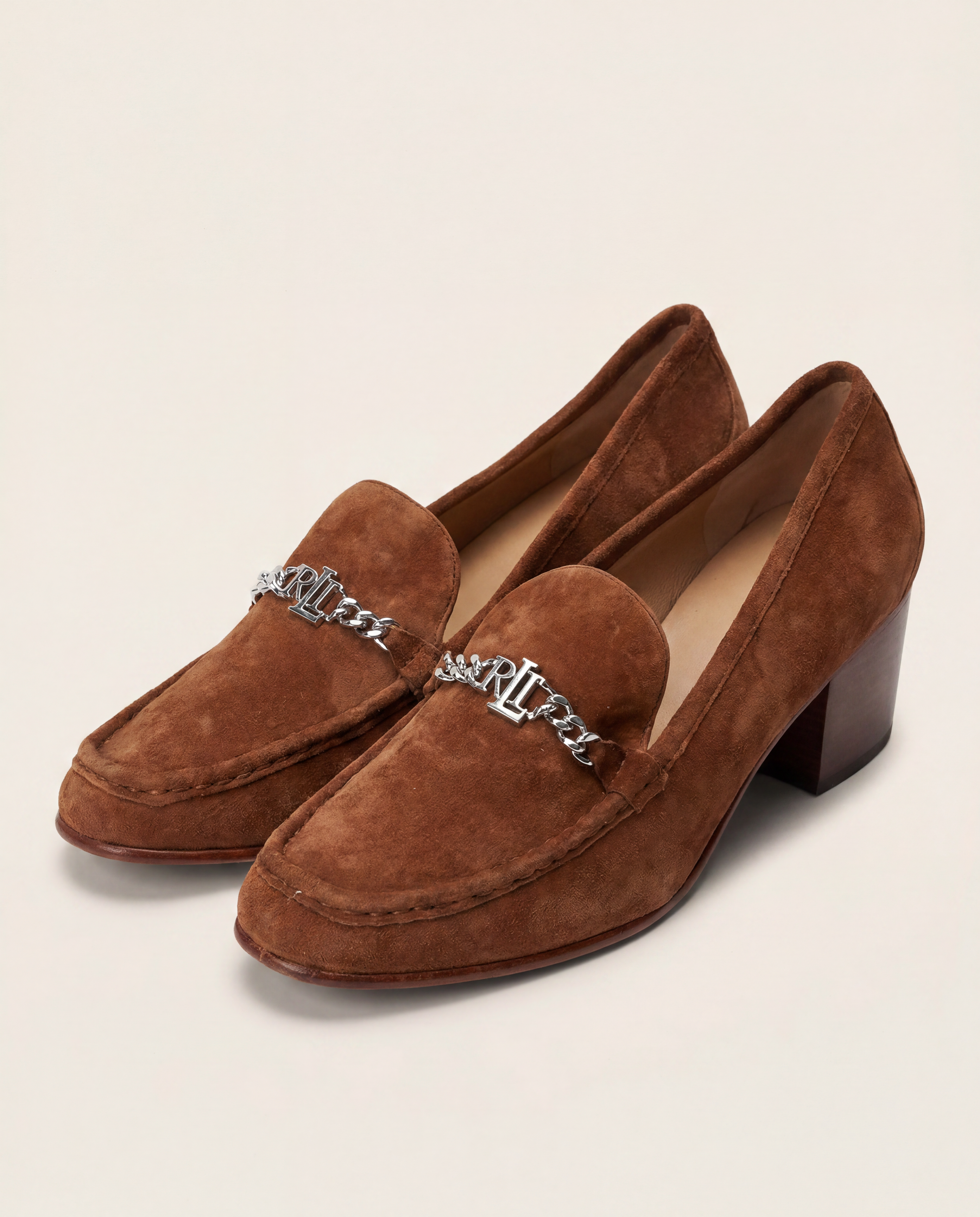 Mocassins Lauren Ralph Lauren daim camel chaîne argentée – Taille 42-1