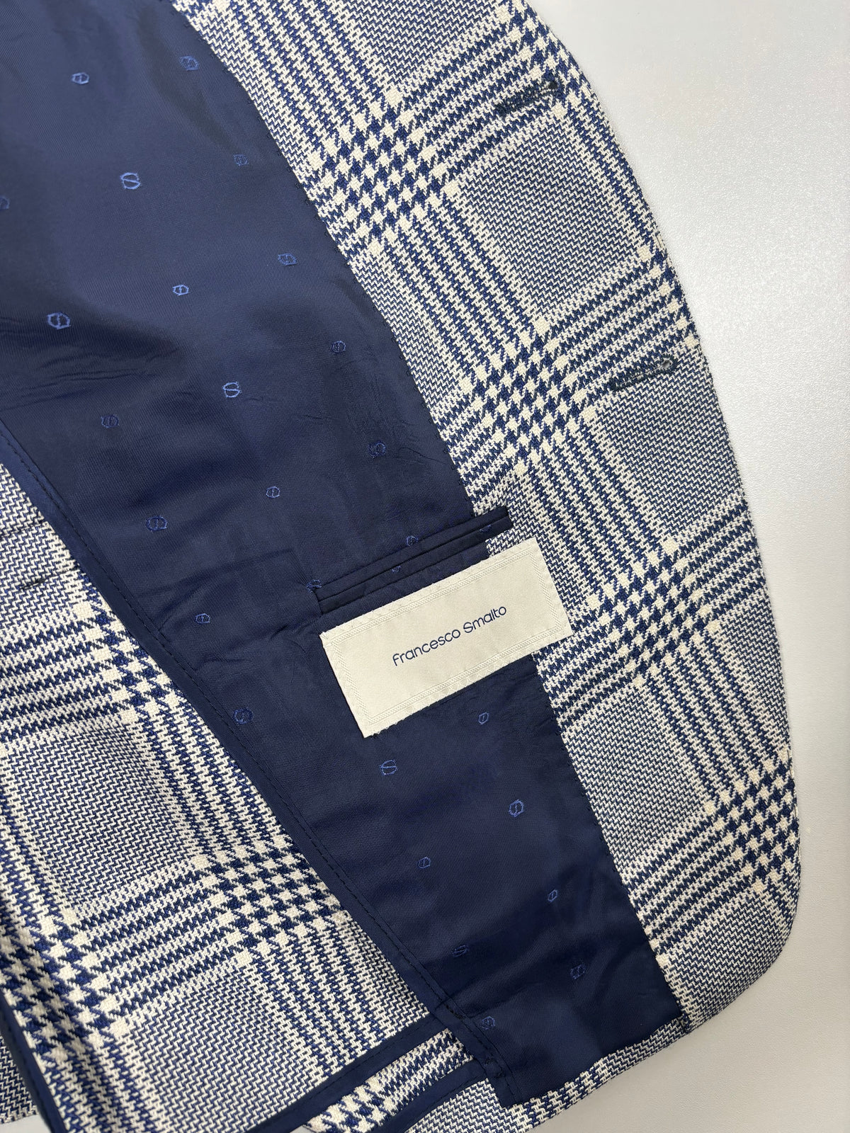 Blazer Francesco Smalto pied-de-poule bleu marine laine soie lin – Taille 56-6
