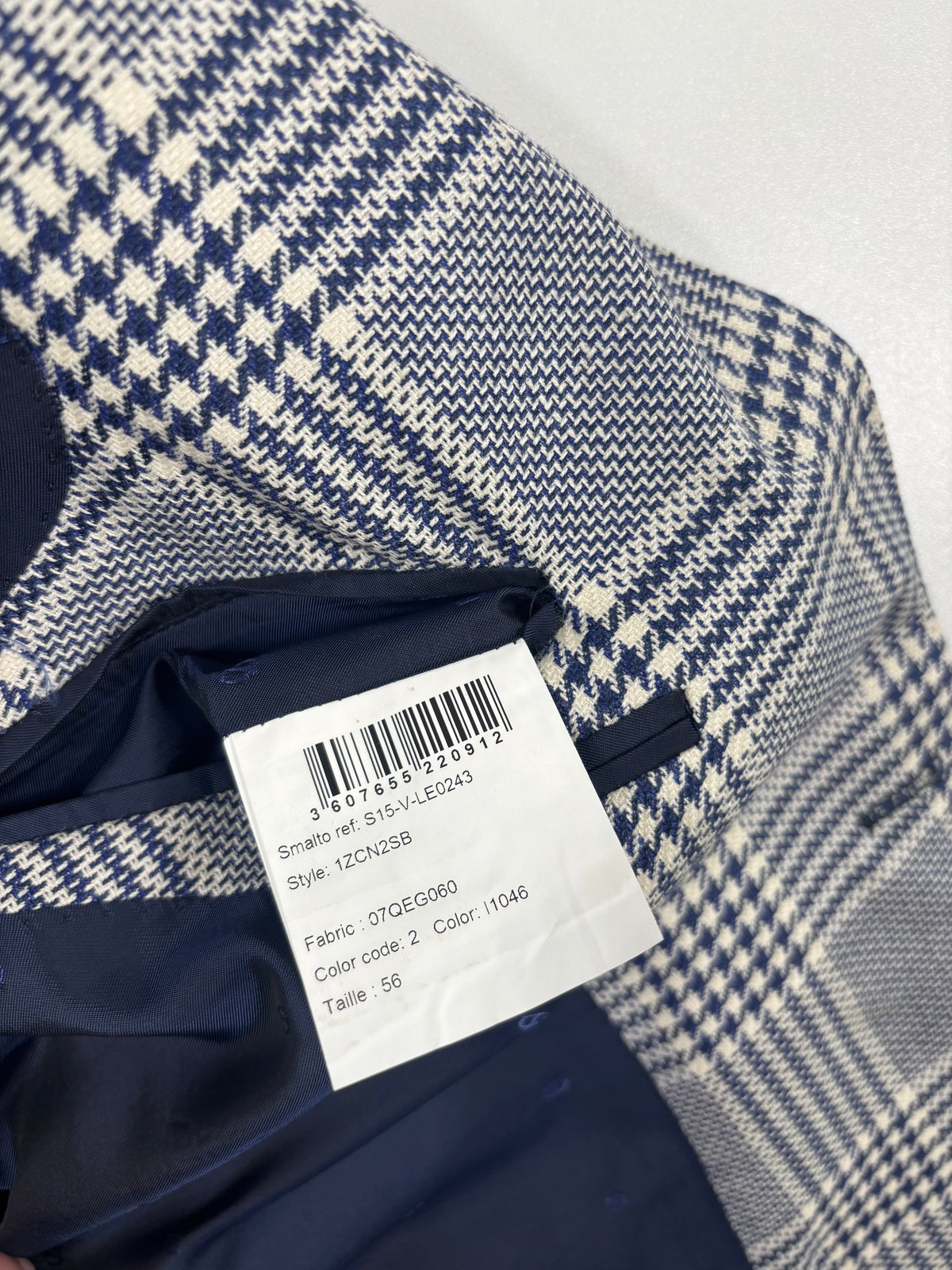 Blazer Francesco Smalto pied-de-poule bleu marine laine soie lin – Taille 56-7