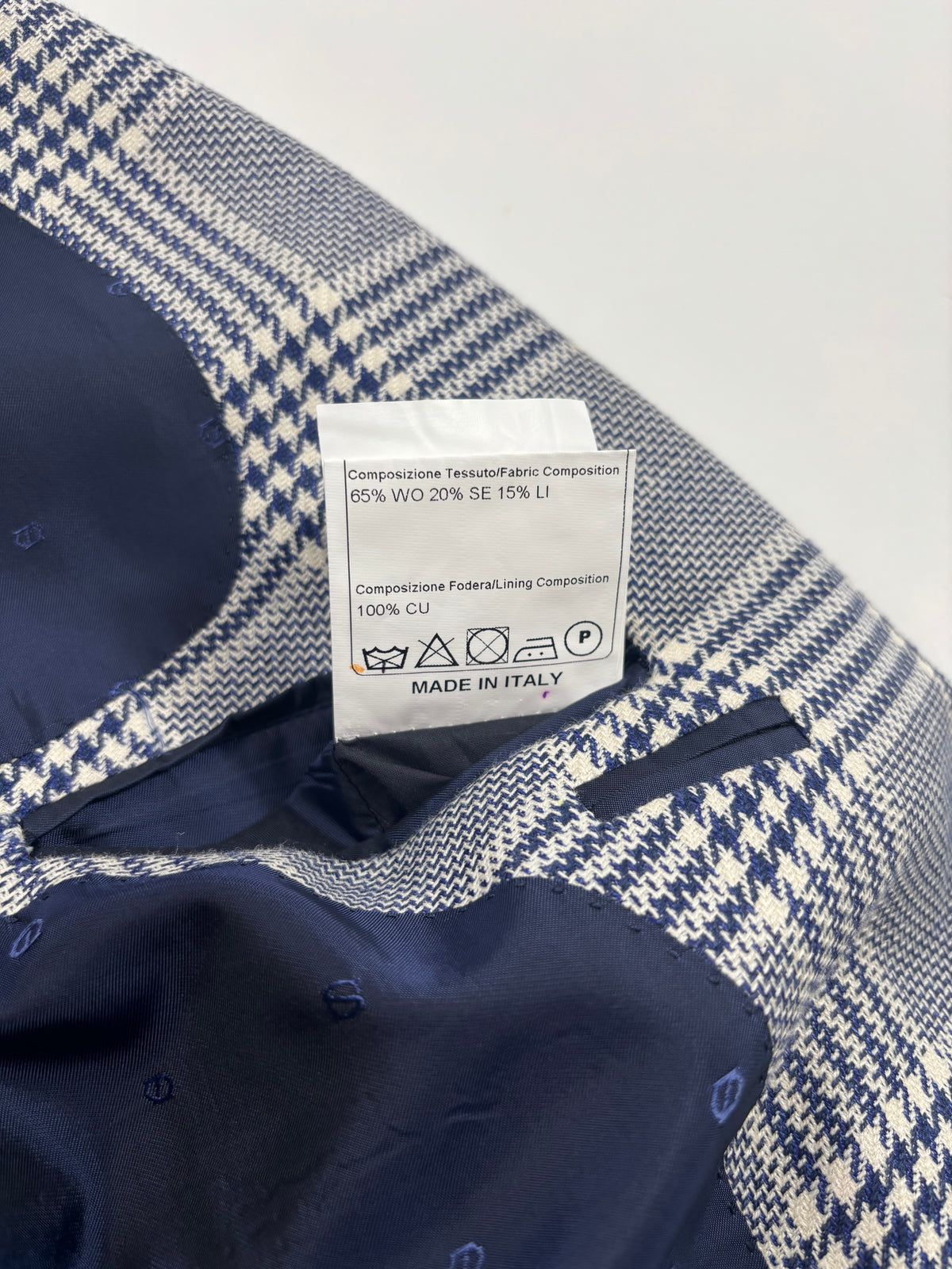 Blazer Francesco Smalto pied-de-poule bleu marine laine soie lin – Taille 56-9