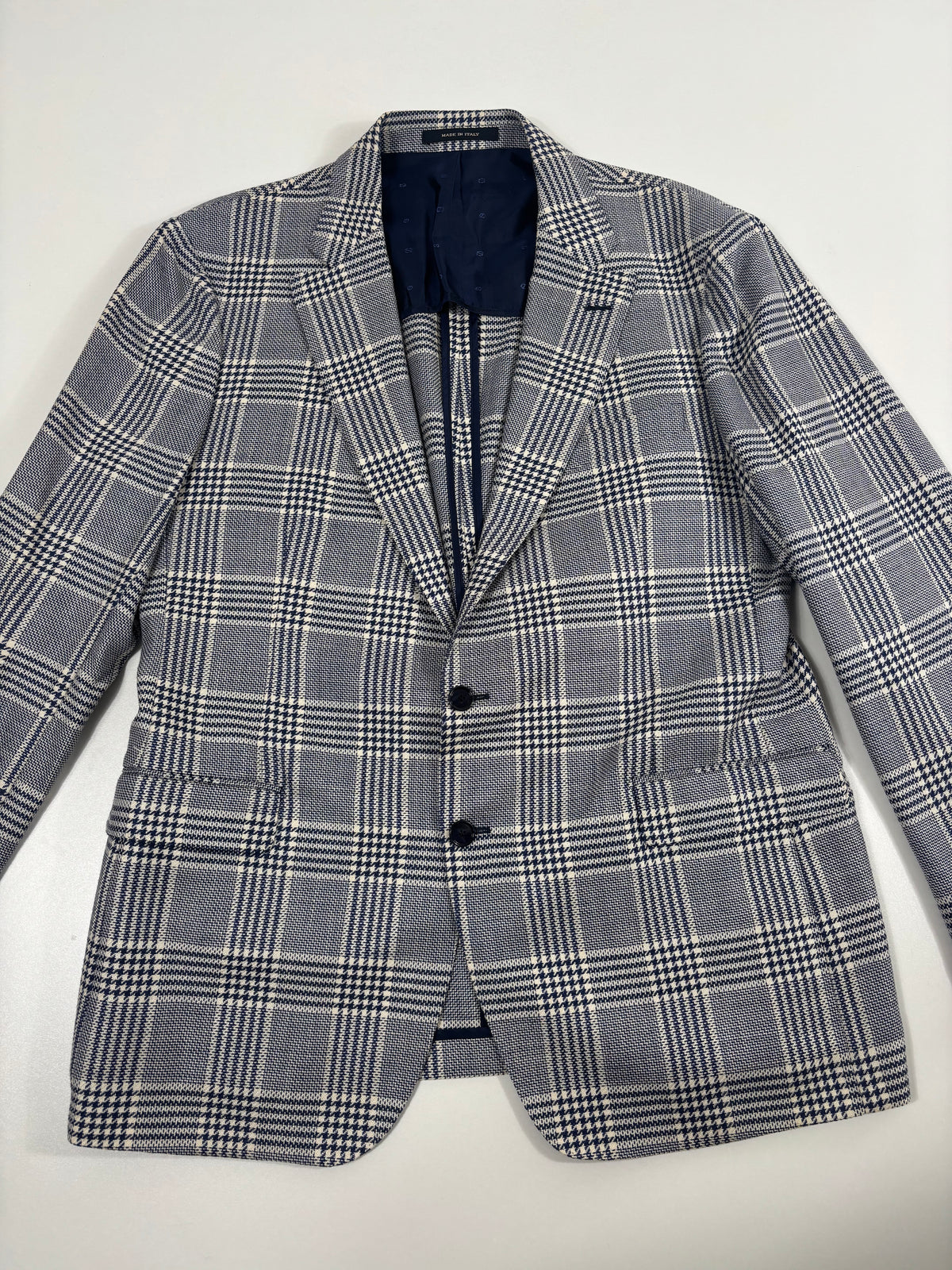 Blazer Francesco Smalto pied-de-poule bleu marine laine soie lin – Taille 56-10