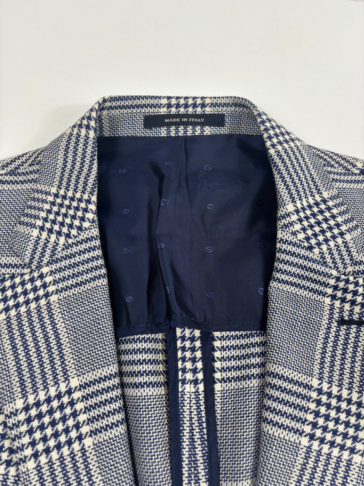 Blazer Francesco Smalto pied-de-poule bleu marine laine soie lin – Taille 56-4