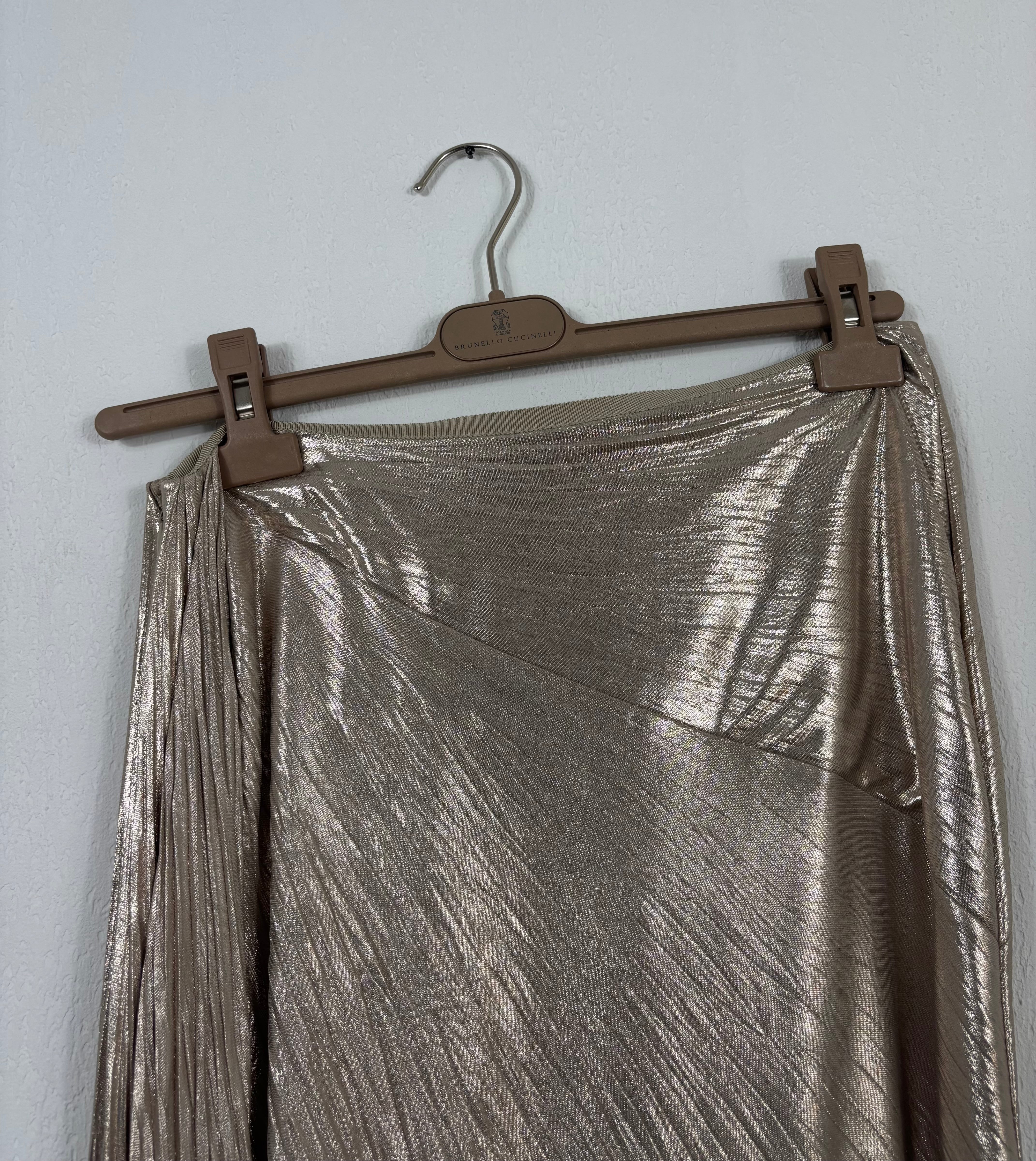 Jupe longue Ralph Lauren Collection Purple Label Duvall plissée métallisée champagne – T.38-4