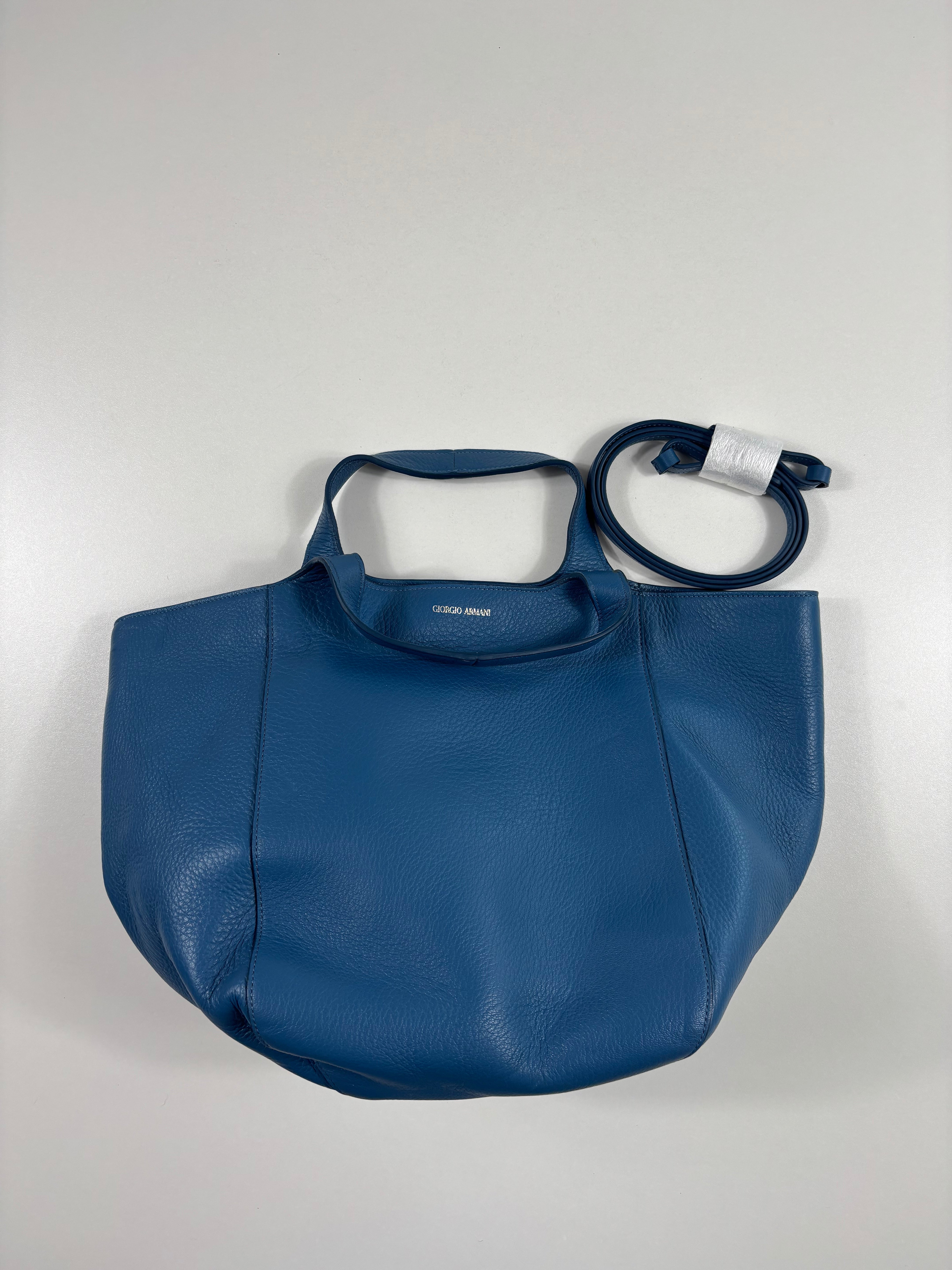 Sac cabas Giorgio Armani cuir grainé bleu pétrole bandoulière amovible-2