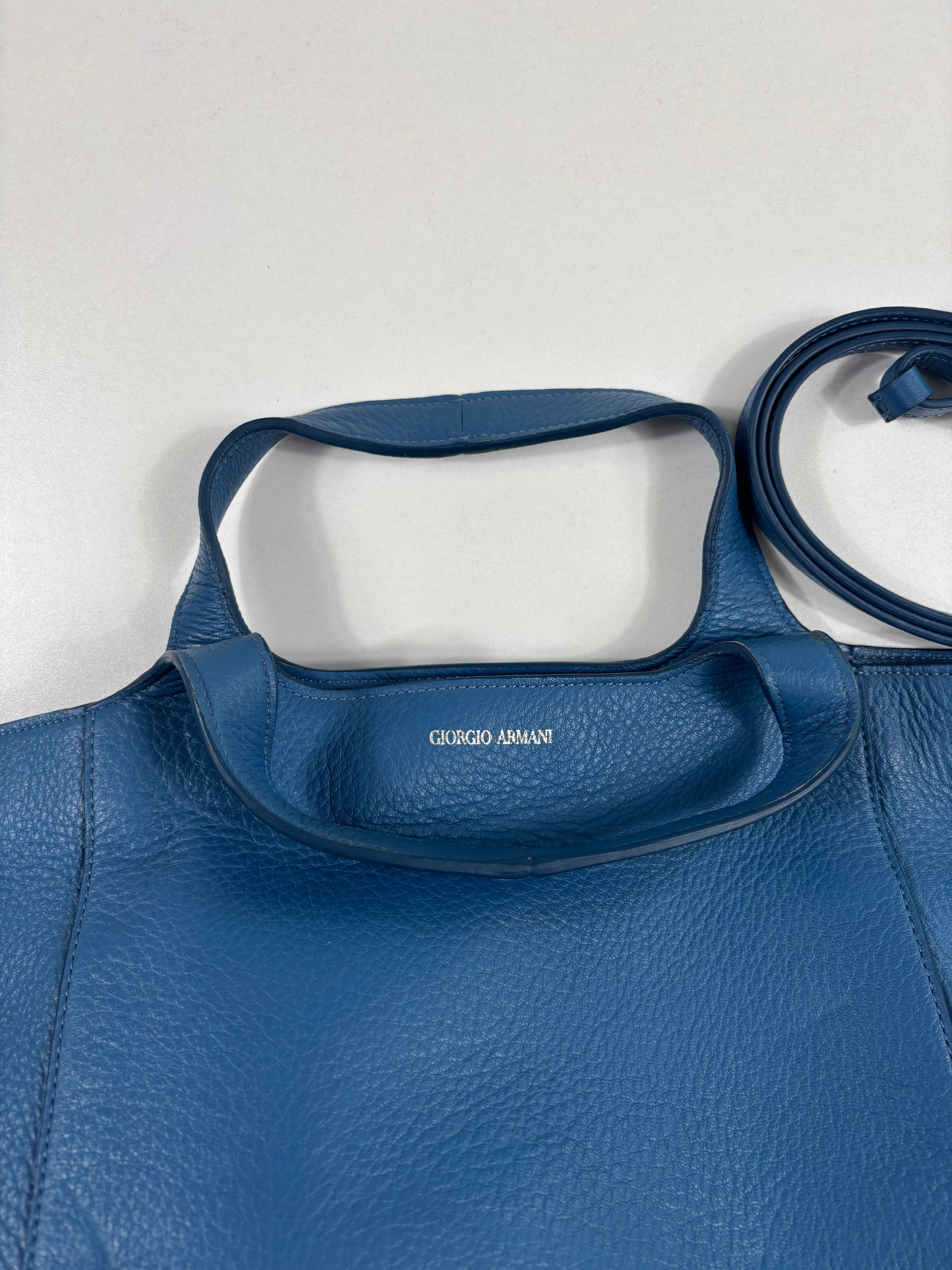 Sac cabas Giorgio Armani cuir grainé bleu pétrole bandoulière amovible-3