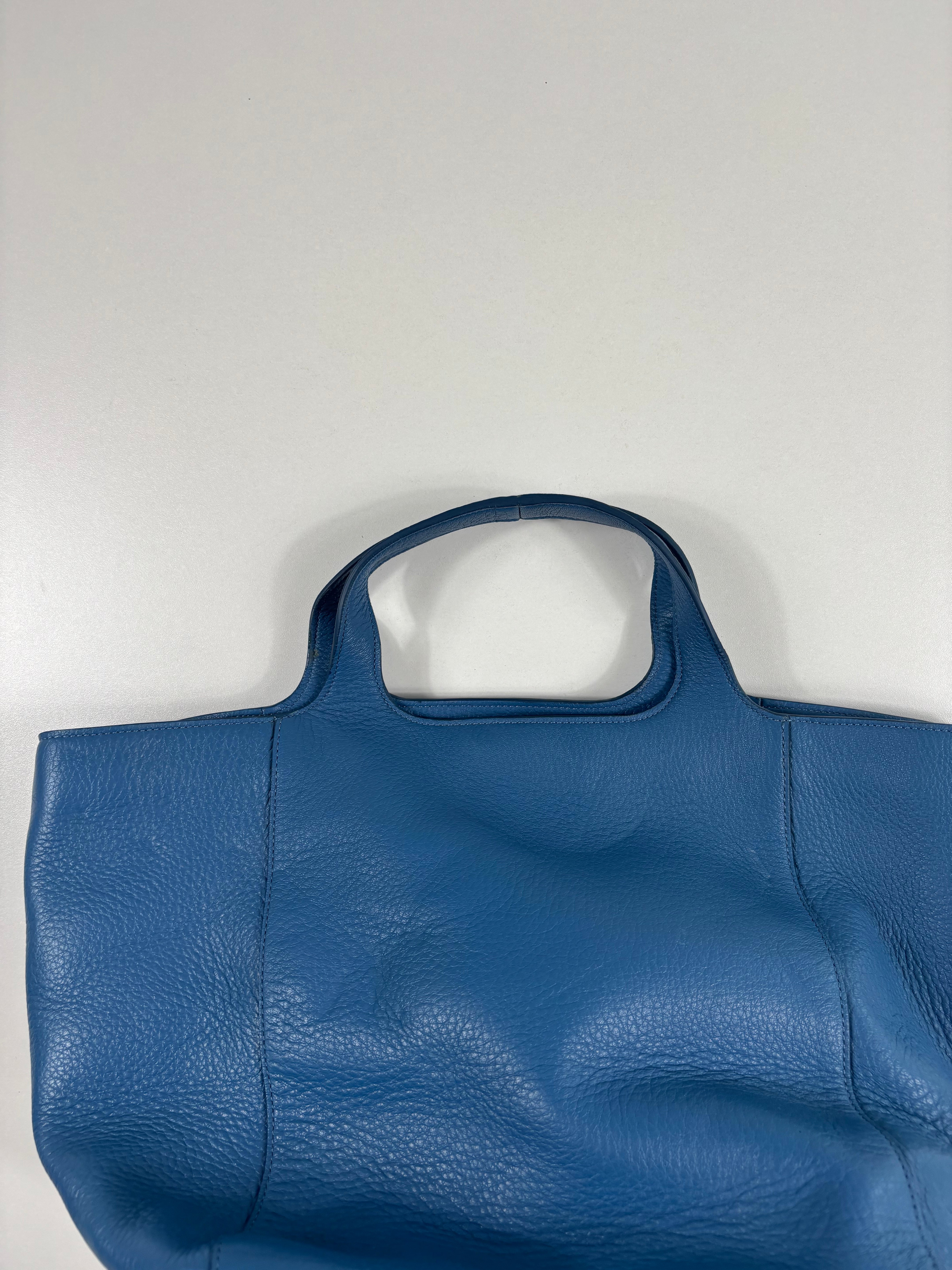 Sac cabas Giorgio Armani cuir grainé bleu pétrole bandoulière amovible-11