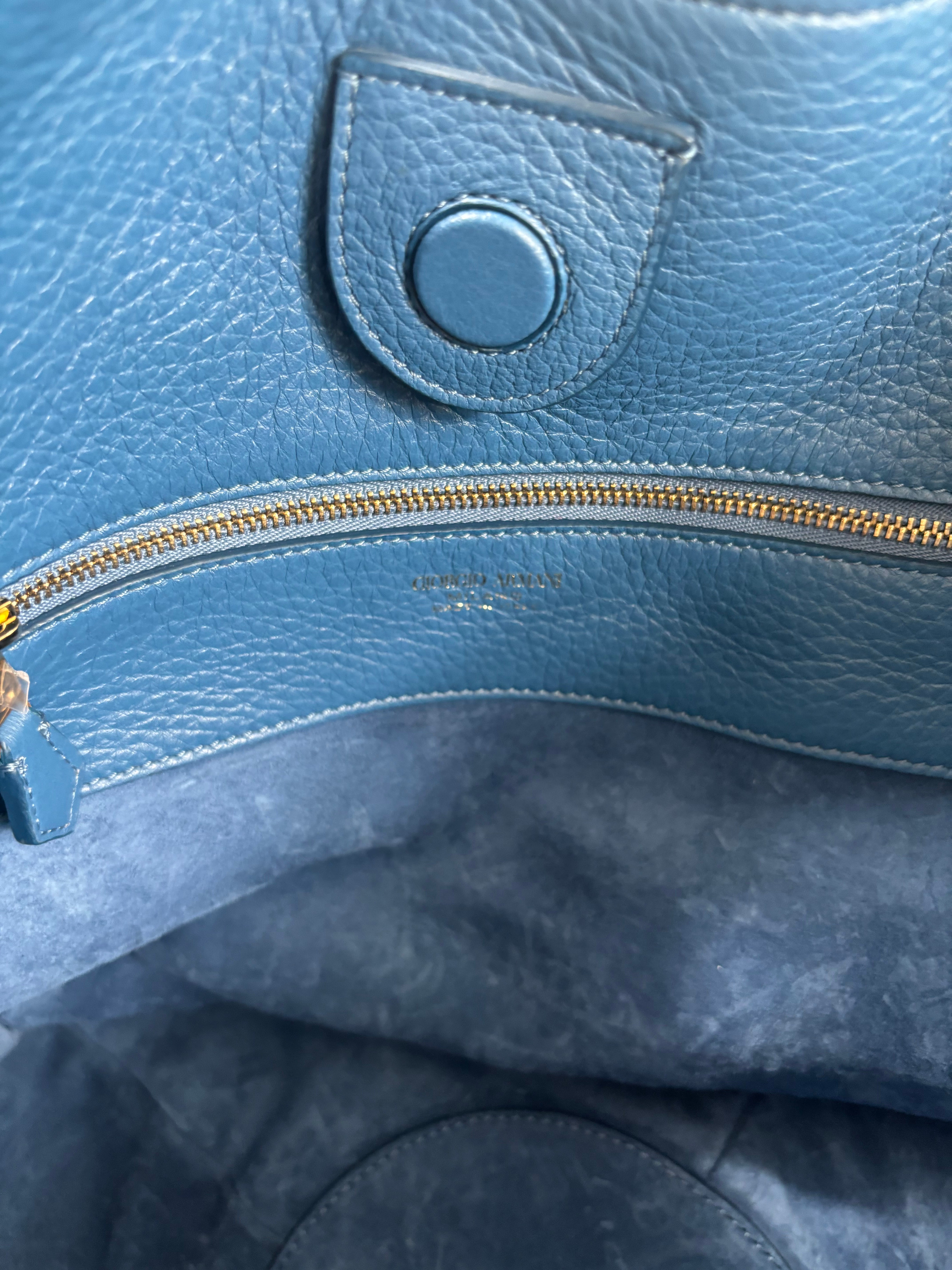 Sac cabas Giorgio Armani cuir grainé bleu pétrole bandoulière amovible-13