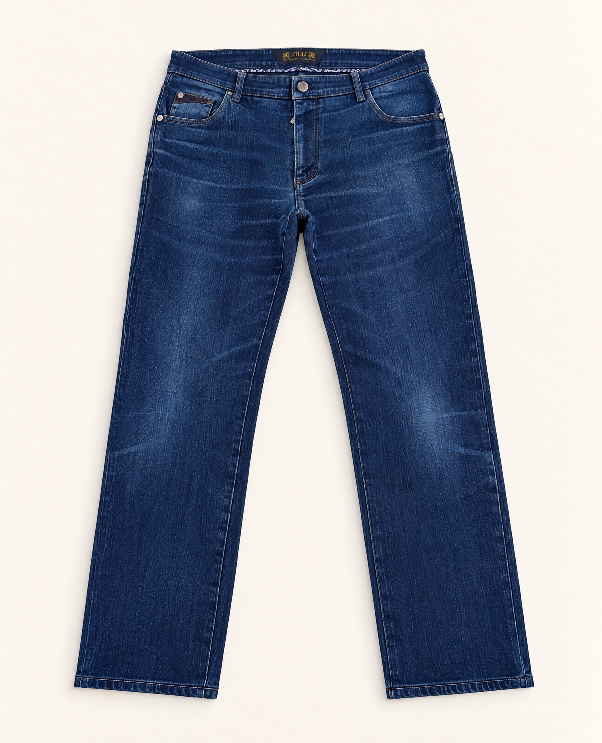 Jean Zilli en denim stretch bleu détails cuir marron – Taille 50-1