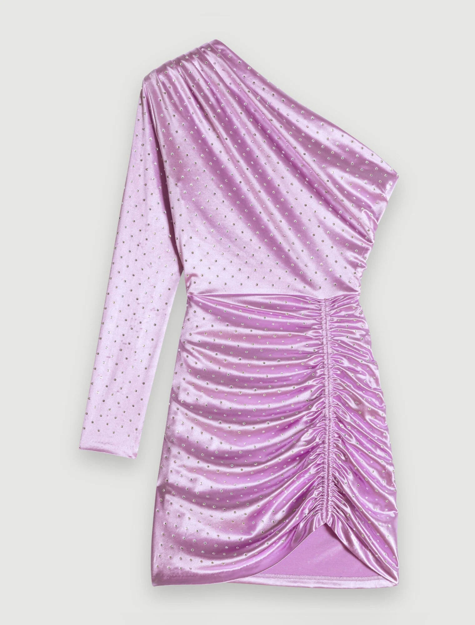 Robe Maje satin parme strass one shoulder asymétrique – T.38 – Neuve