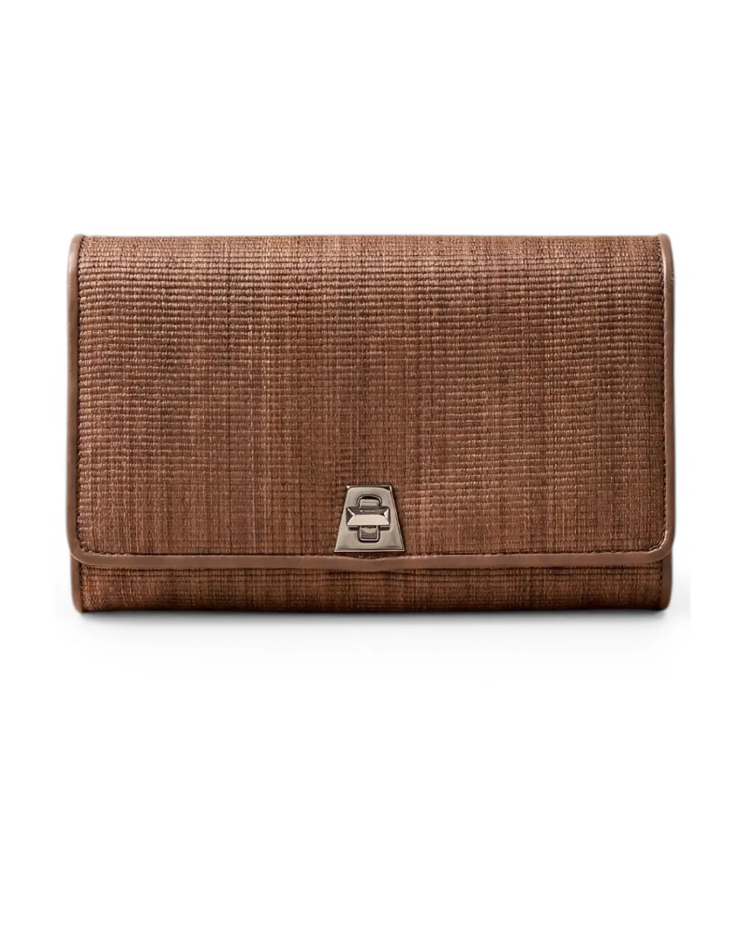 Pochette Akris cuir tressé taupe fermoir trapézoïdal argenté