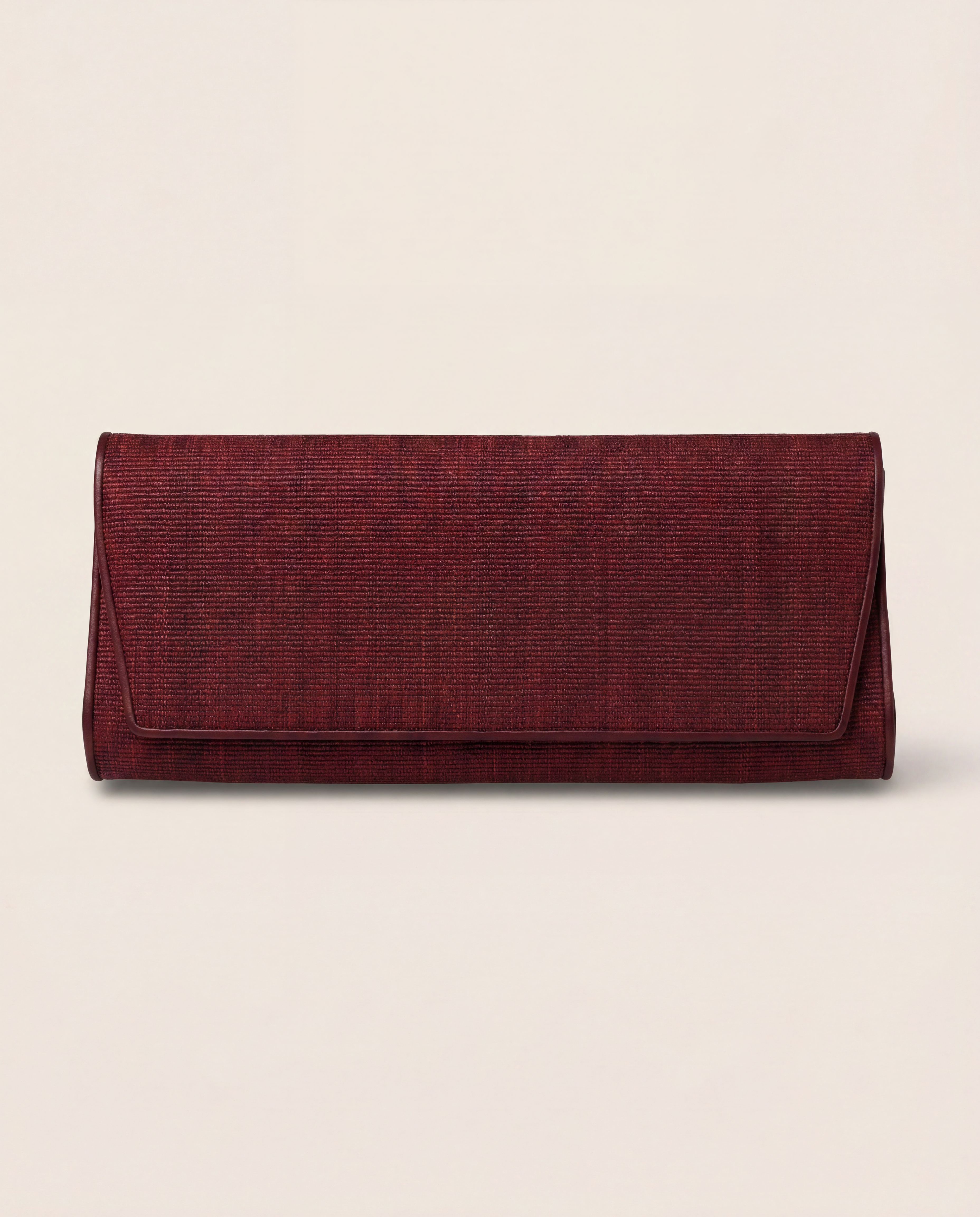 Pochette Akris tissu bordeaux texturé stries intégral bords cuir ton sur ton
