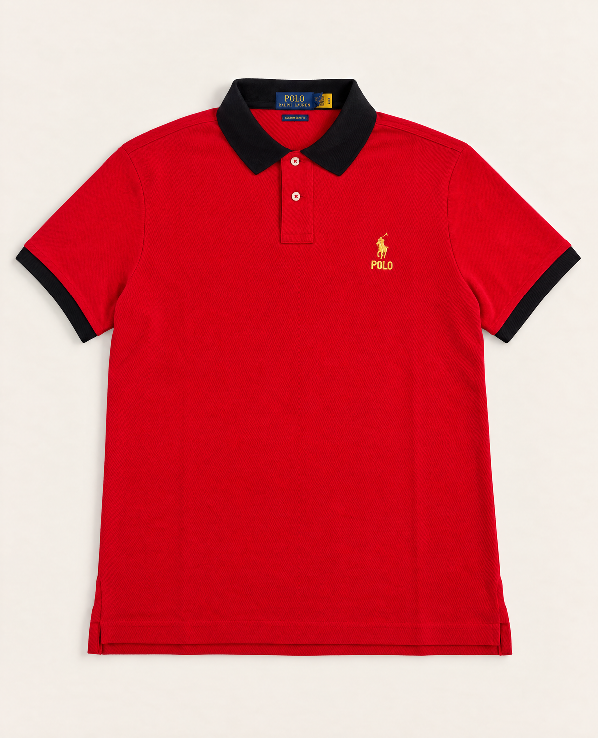 Polo Ralph Lauren rouge à col noir logo brodé doré – Taille XL-1