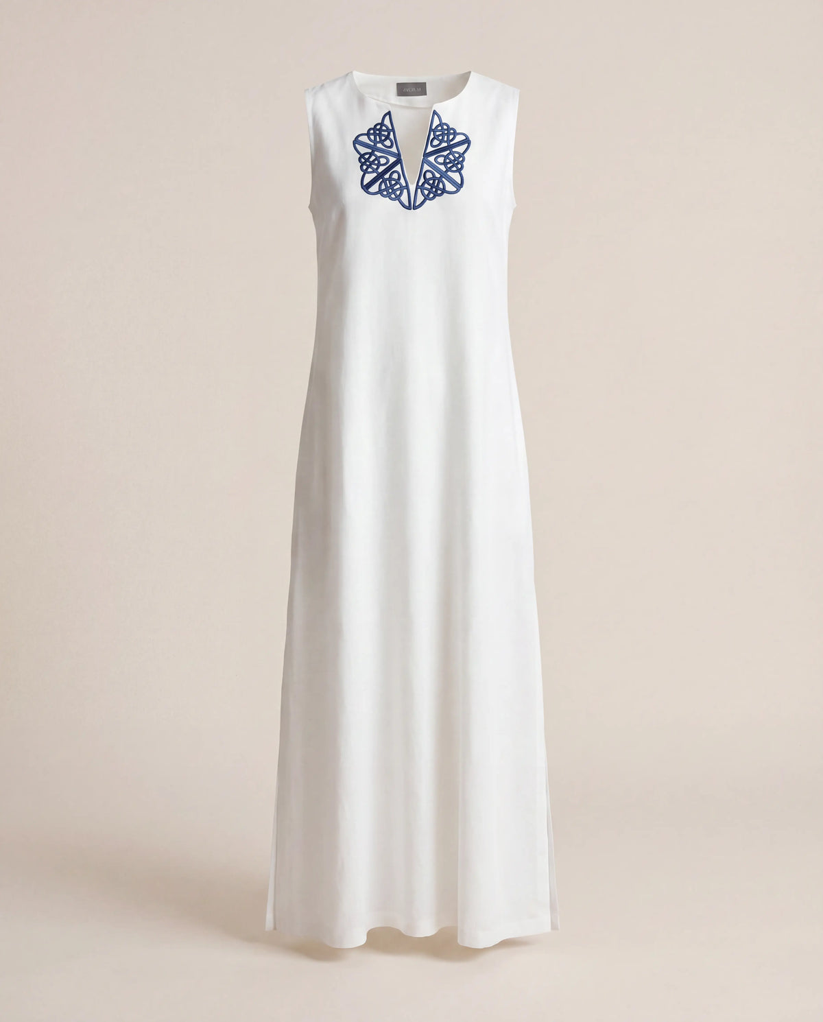 Robe longue en lin blanc brodé bleu – Aman – Taille unique Aman