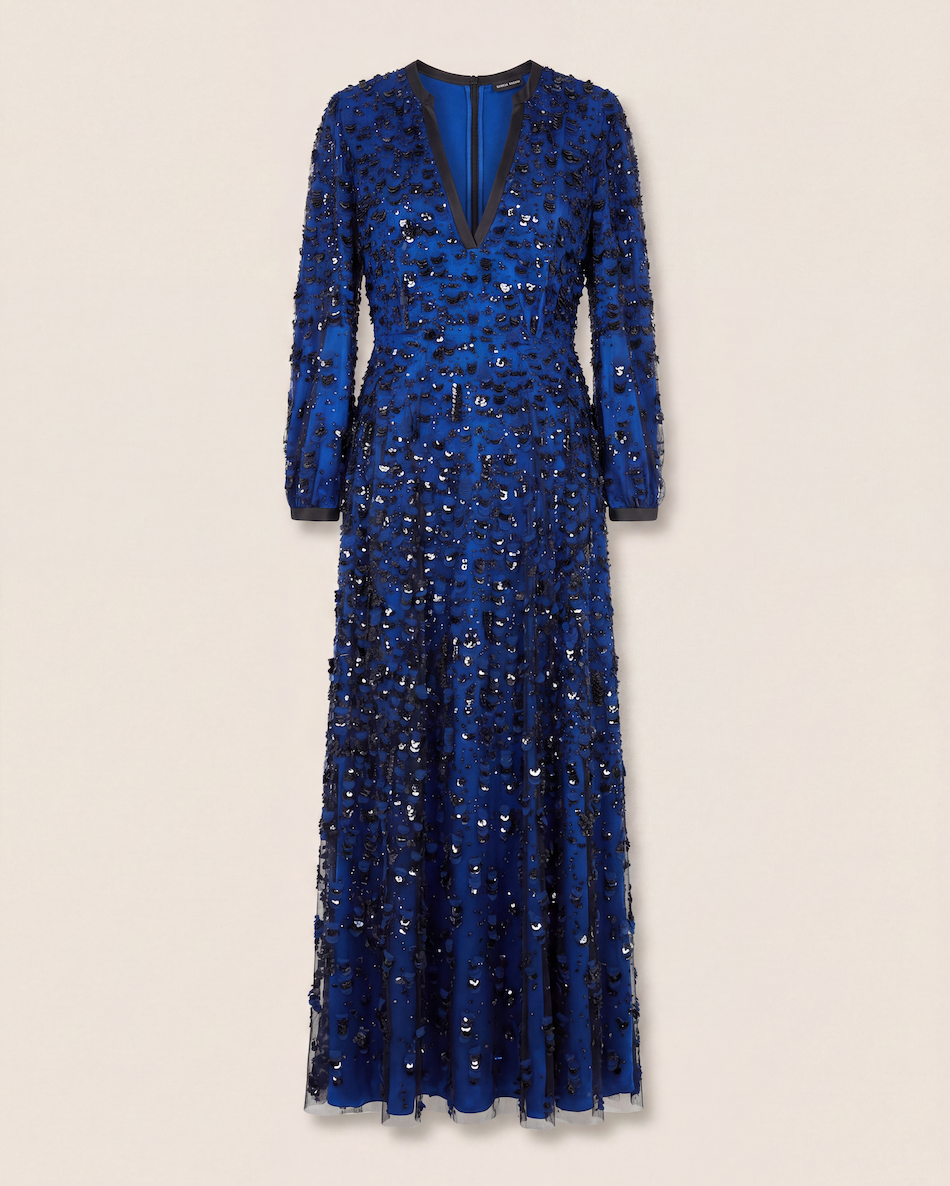 Robe longue soie bleu roi tulle rebrodé main – Giorgio Armani – Taille 42