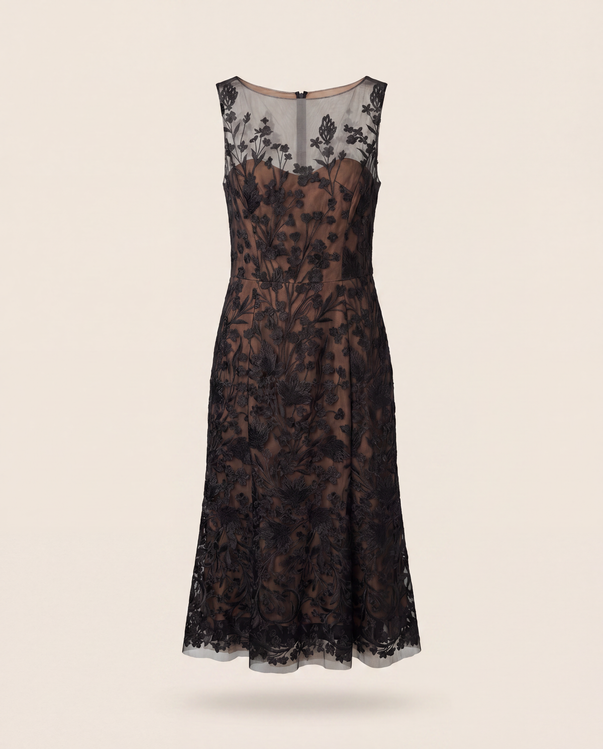 Robe midi en tulle brodé noir et nude Marchesa – Taille 42
