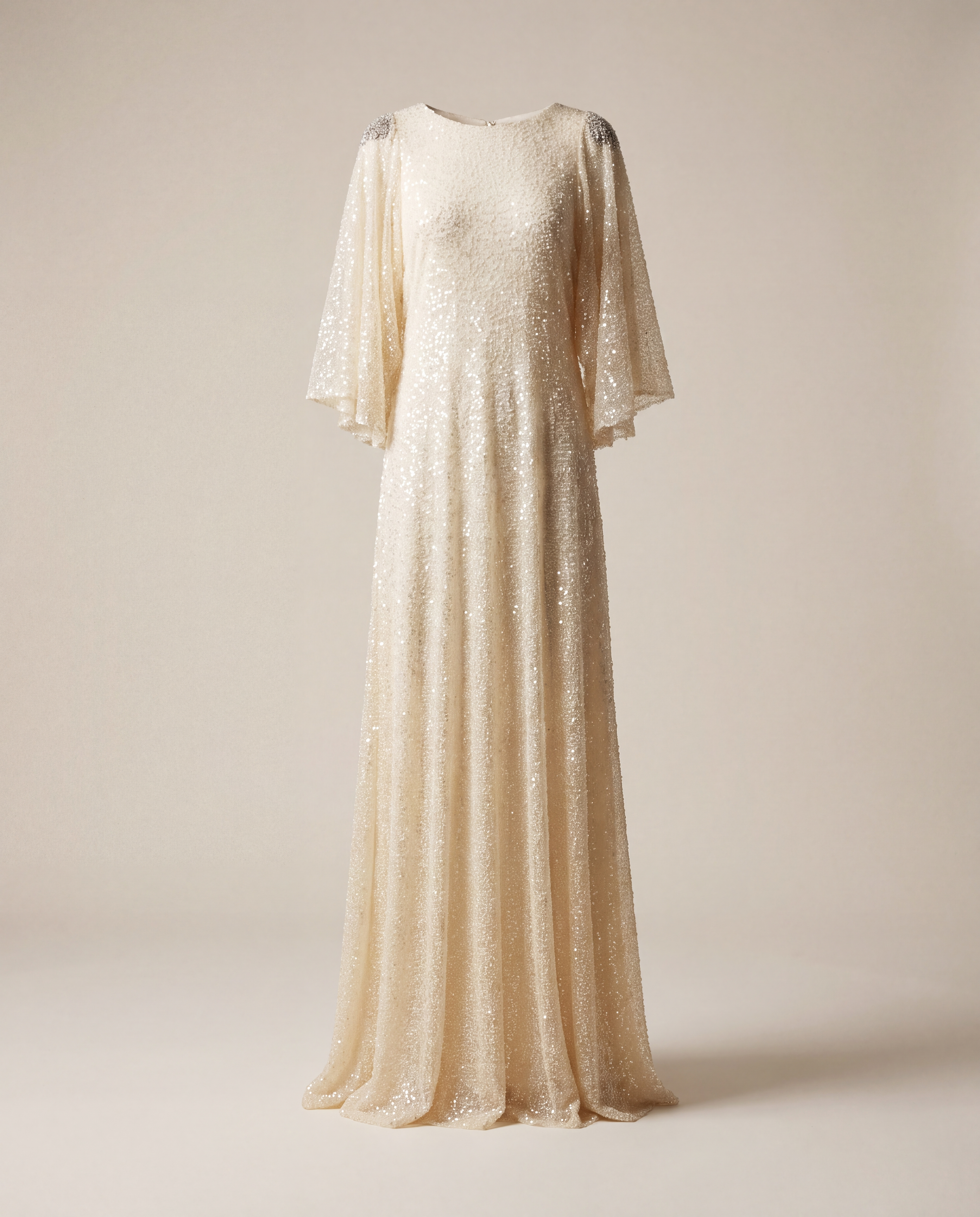 Robe longue sur-mesure paillettes tulle brodé ivoire champagne – Taille L-1