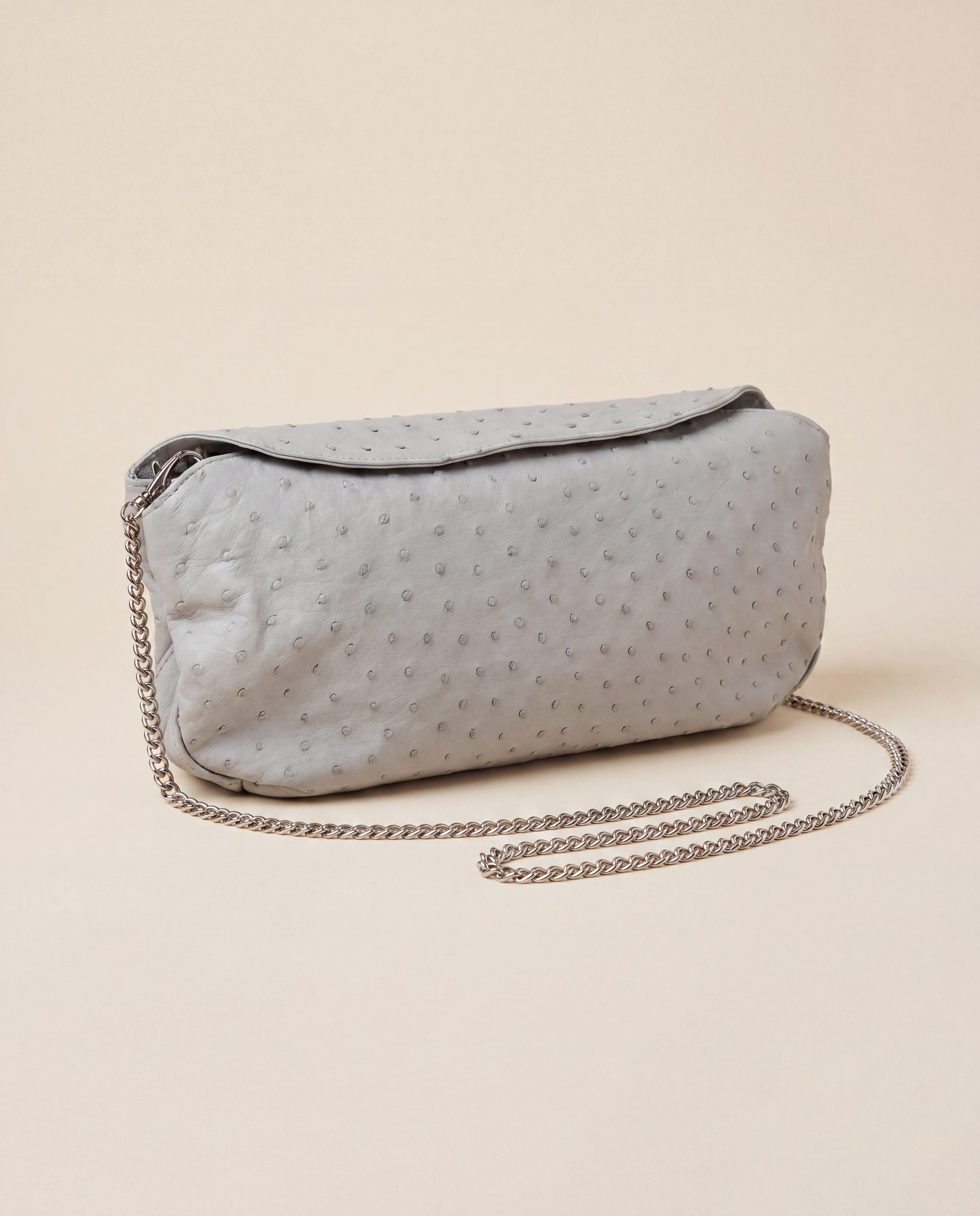 Sac Akris cuir d'autruche gris clair chaîne amovible – 30x17 cm-1