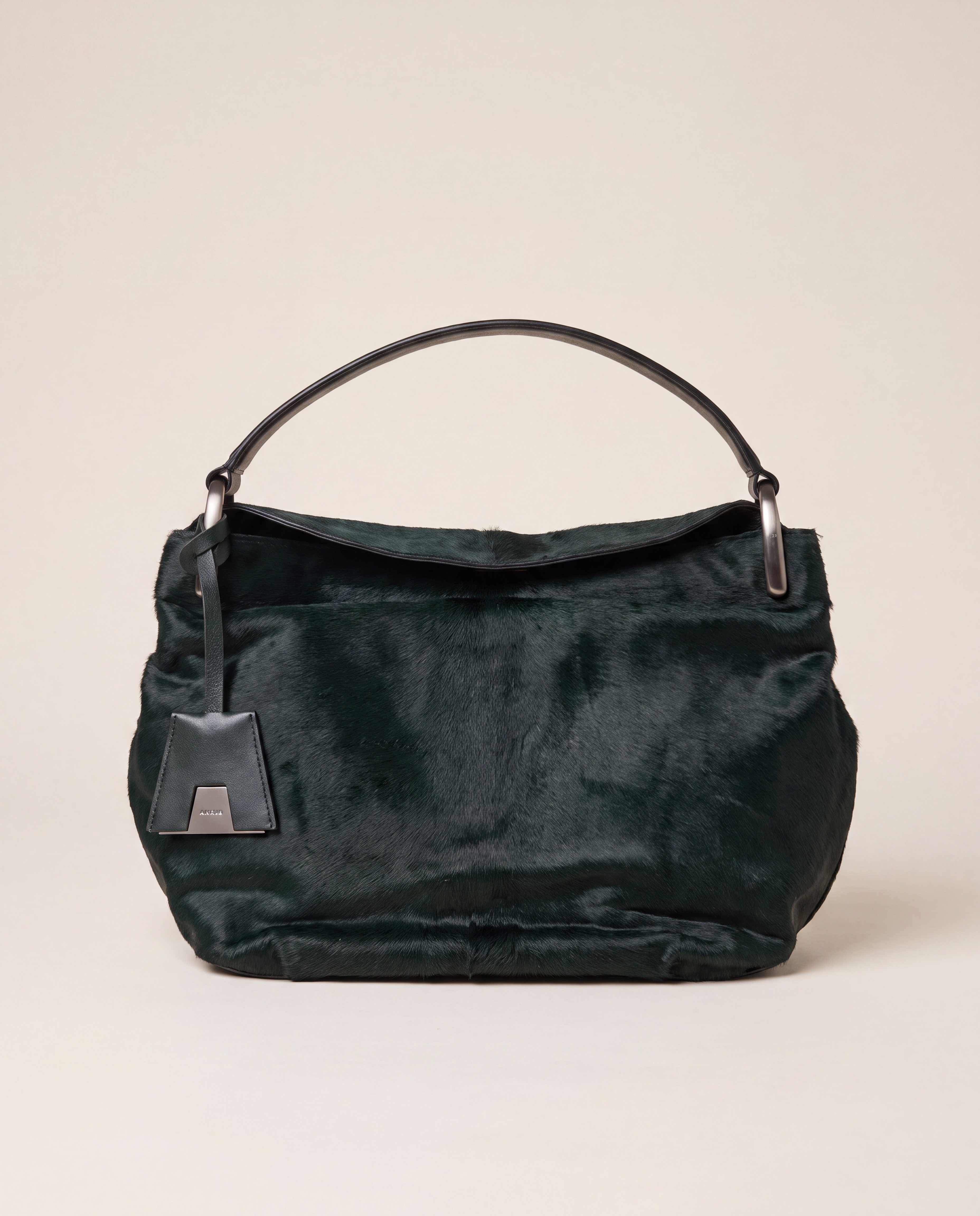 Sac Akris hobo poil de poulain vert sapin anse cuir noir-1