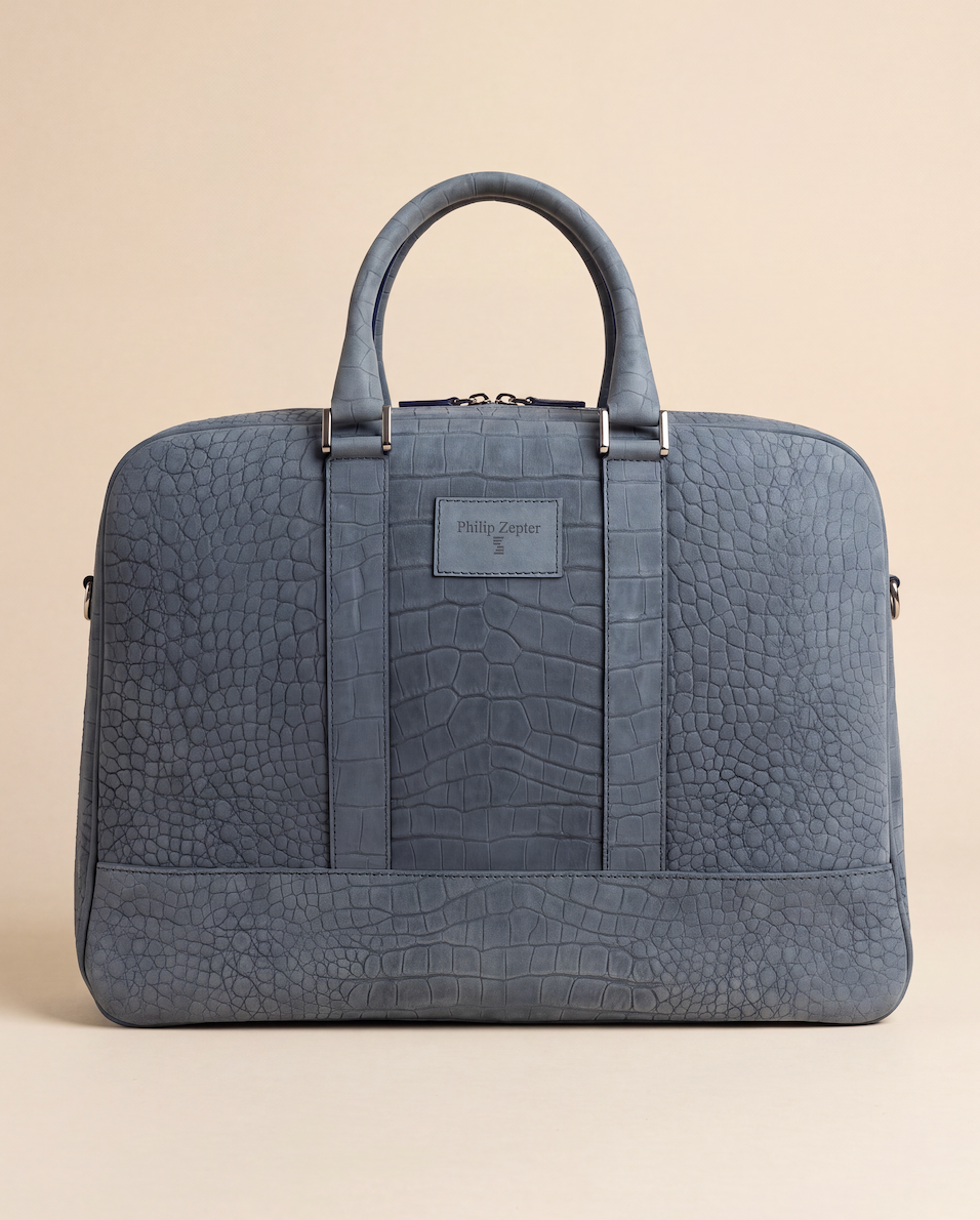 Sac business Philip Zepter cuir nubuck bleu jean effet crocodile – Neuf