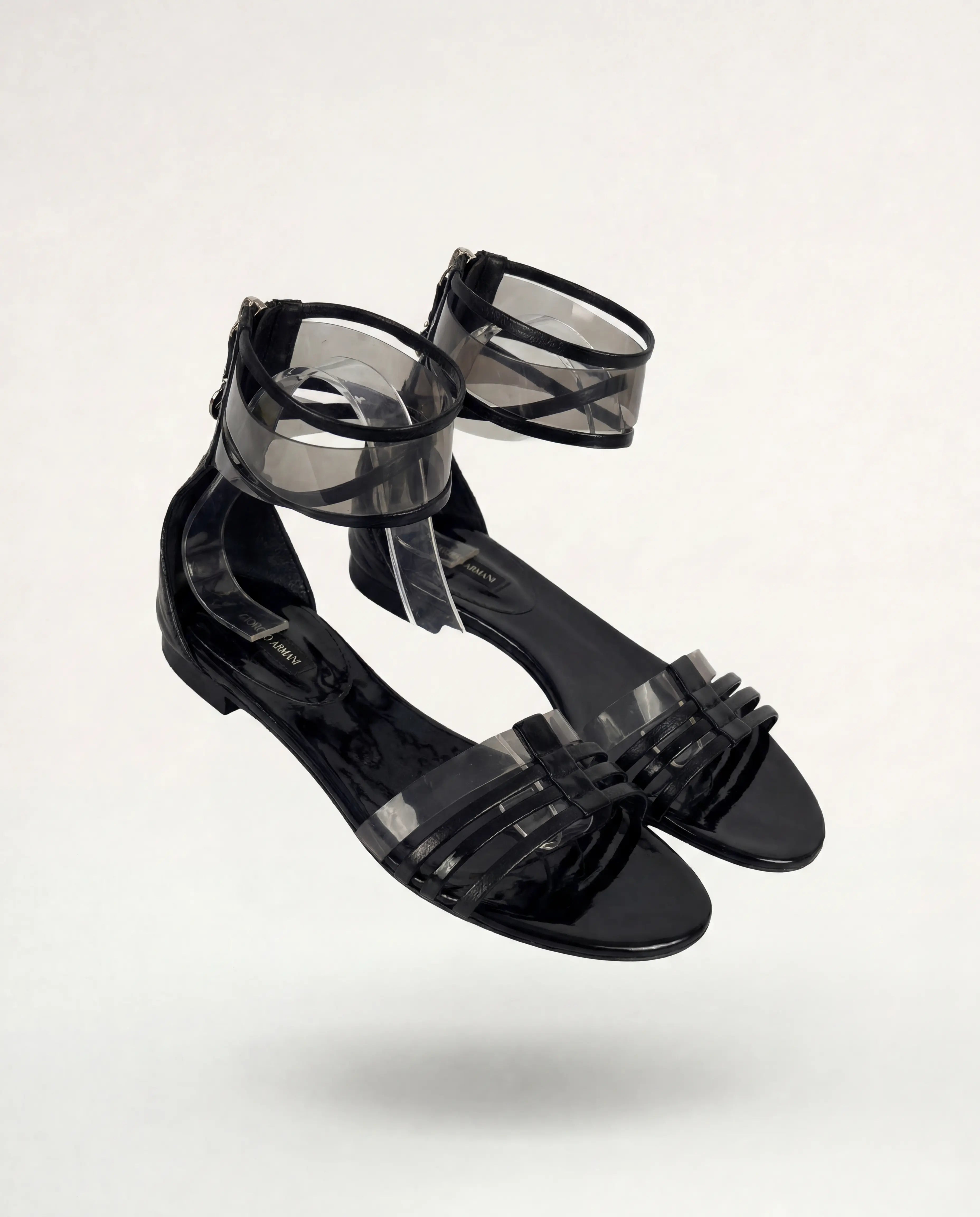 Sandales Giorgio Armani cuir verni noir et PVC transparent – Taille 41 Giorgio Armani