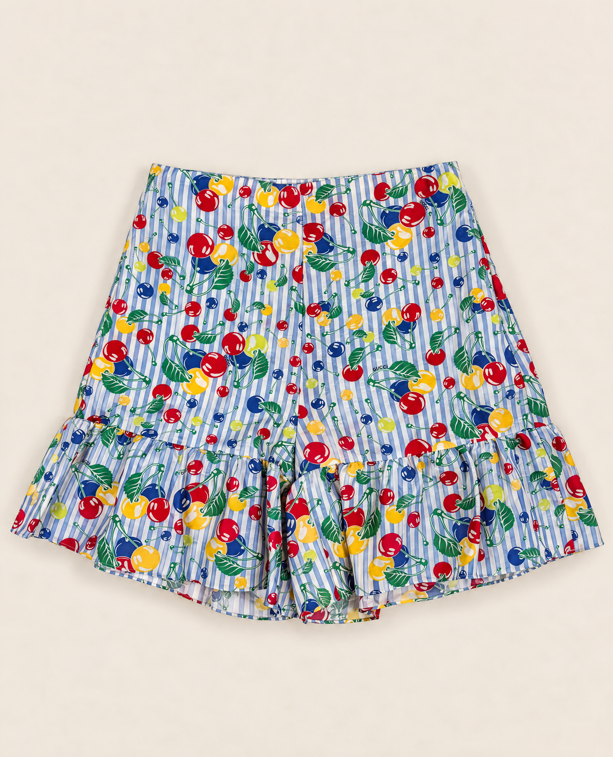 Short Gucci en coton rayé imprimé cerises à volant – Taille 36-1