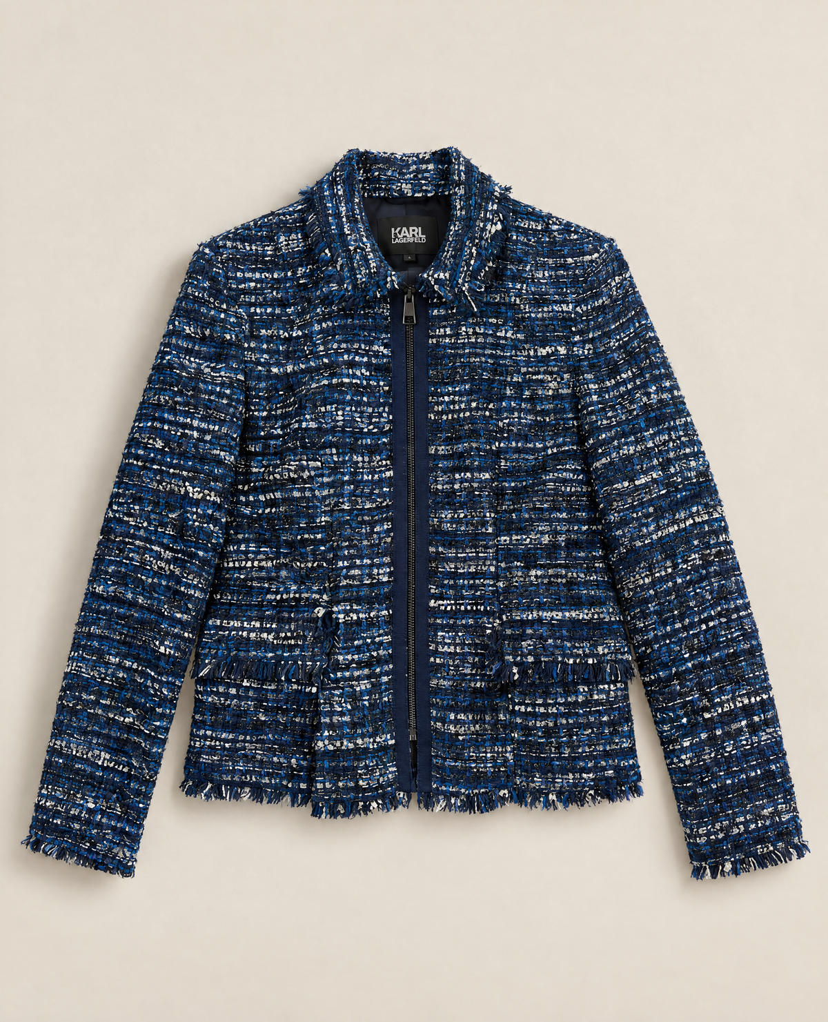 Veste Karl Lagerfeld en tweed bleu et lurex à franges – Taille 36-1