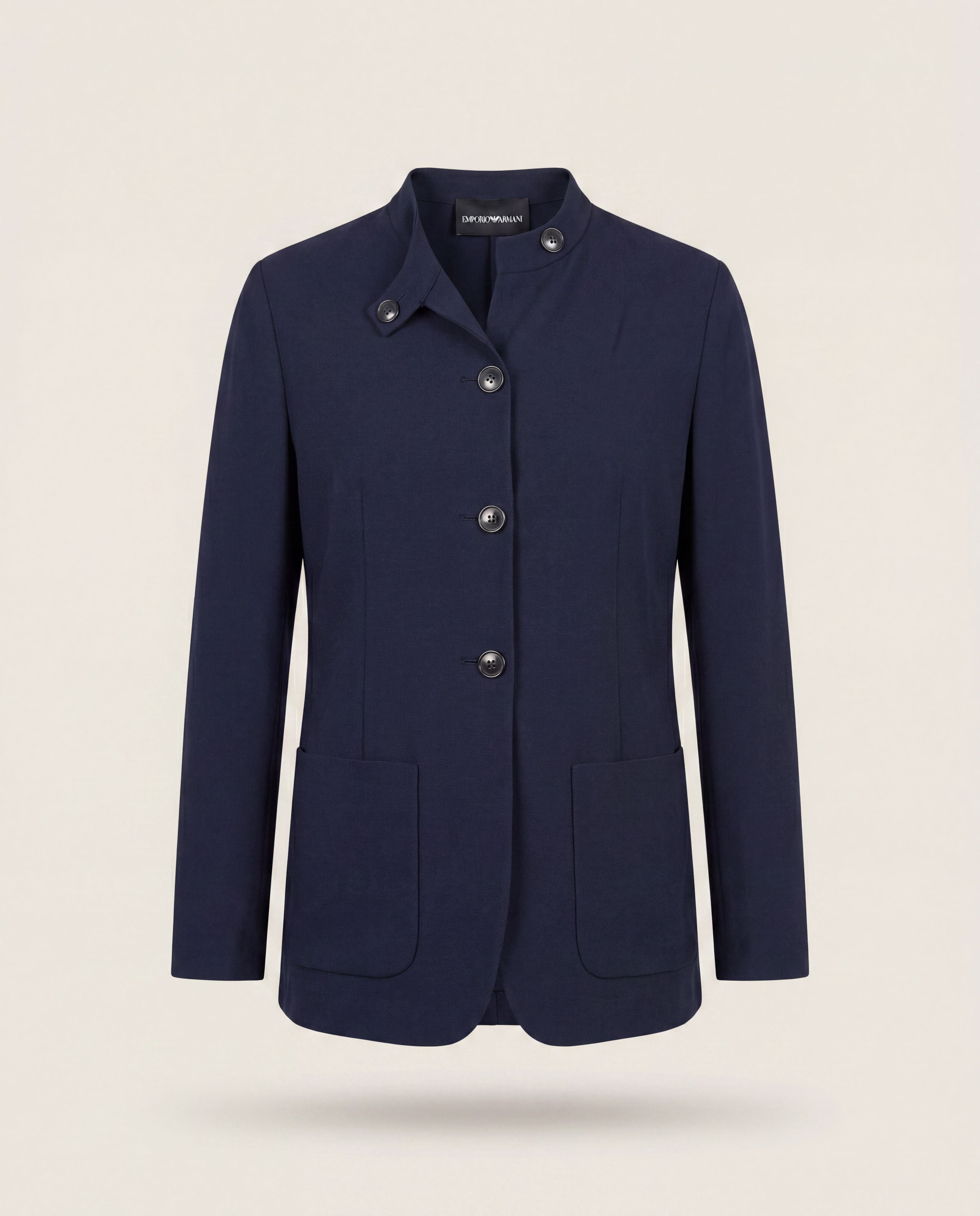 Veste Emporio Armani crêpe bleu marine col officier 4 boutons poches plaquées – T.40
