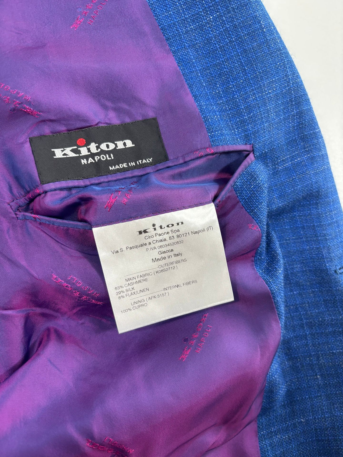 Blazer Kiton Napoli cachemire soie lin bleu chiné – Taille 60-4