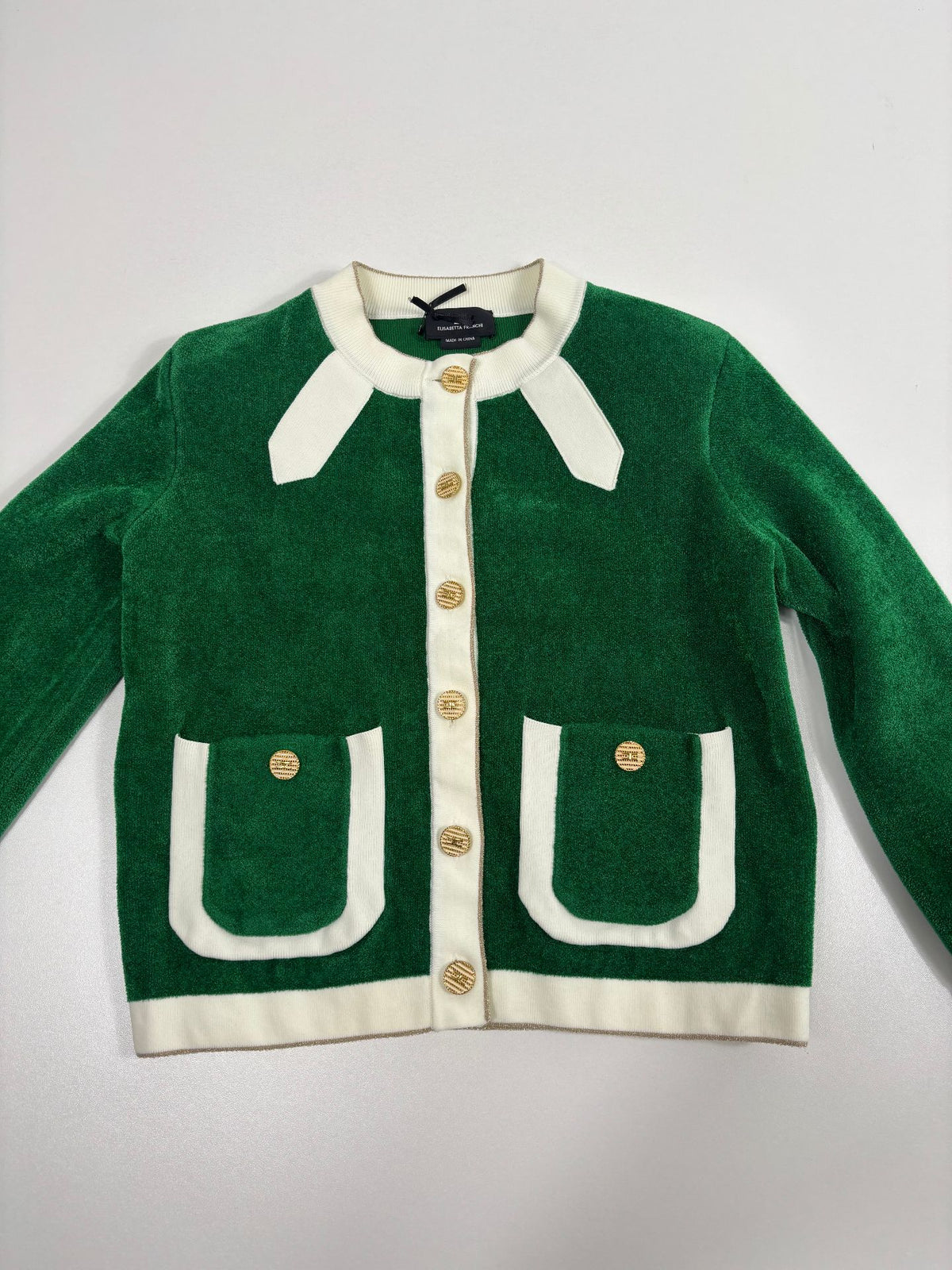 Cardigan Elisabetta Franchi maille éponge verte nœud ivoire – Neuf – Taille 34/36-5