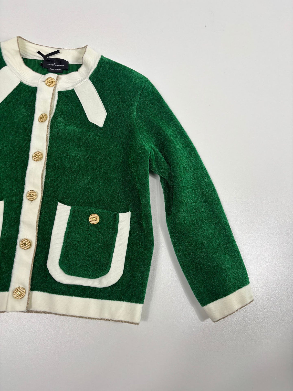 Cardigan Elisabetta Franchi maille éponge verte nœud ivoire – Neuf – Taille 34/36-2