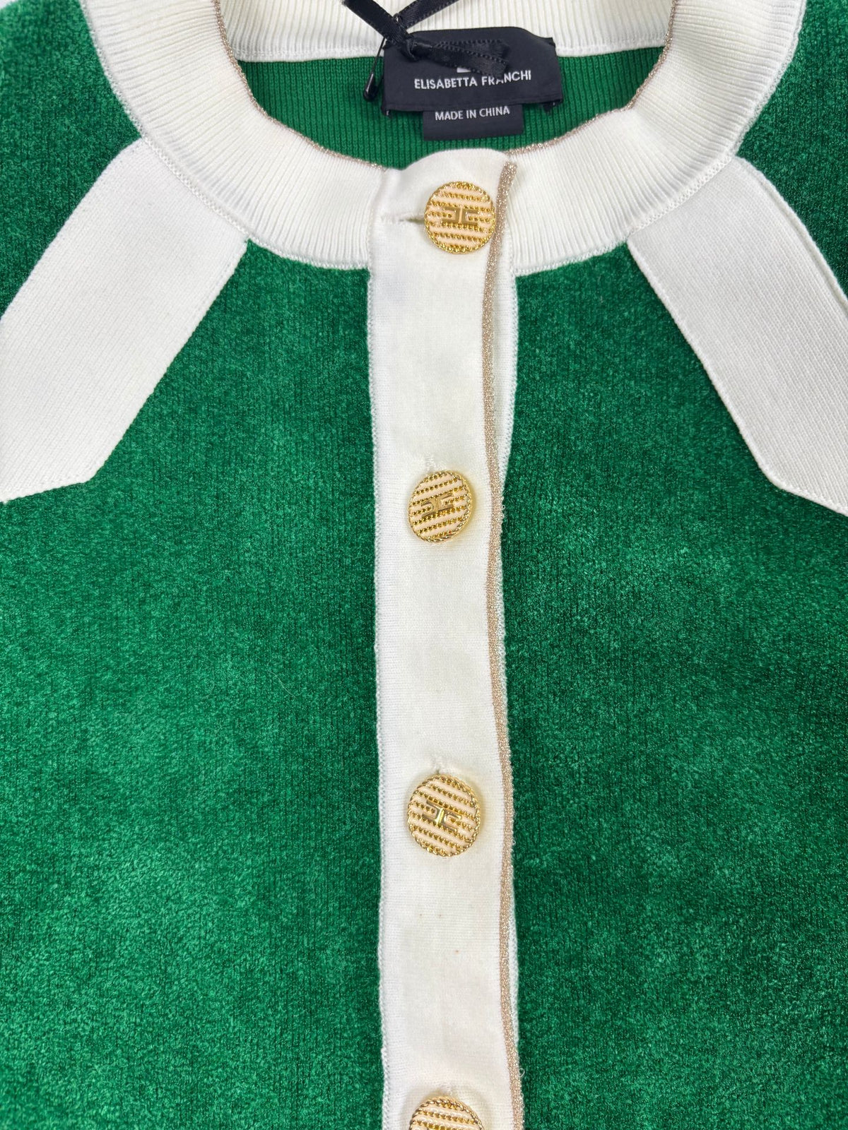 Cardigan Elisabetta Franchi maille éponge verte nœud ivoire – Neuf – Taille 34/36-6