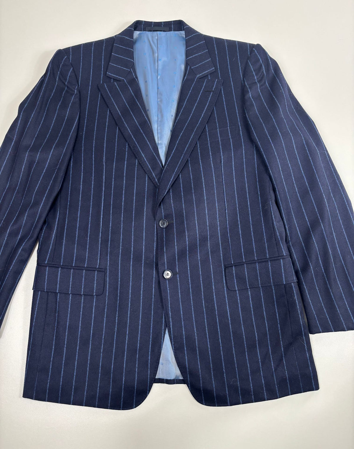Costume trois pièces Smalto laine et cachemire rayé bleu marine – Taille 56-4