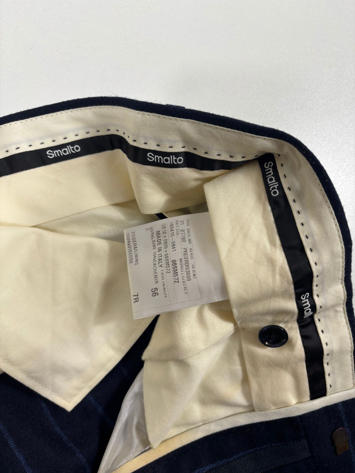 Costume trois pièces Smalto laine et cachemire rayé bleu marine – Taille 56-14