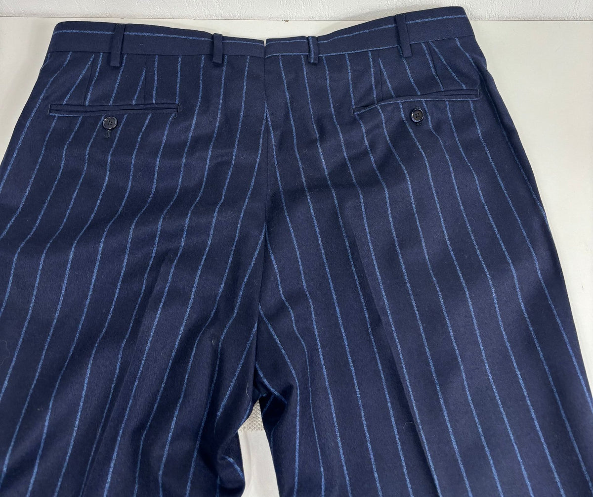 Costume trois pièces Smalto laine et cachemire rayé bleu marine – Taille 56-19