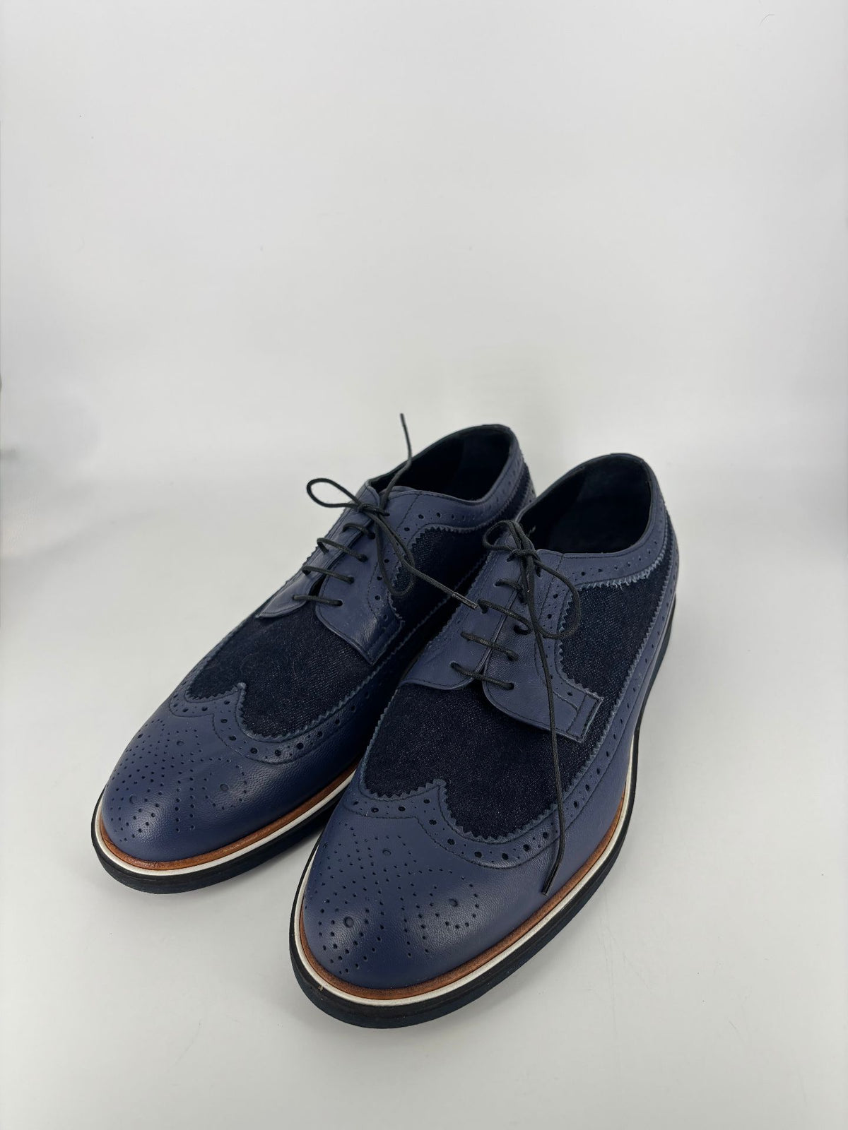 Derbies Baldinini à bout fleuri, cuir bleu marine et denim – Pointure 42,5-2