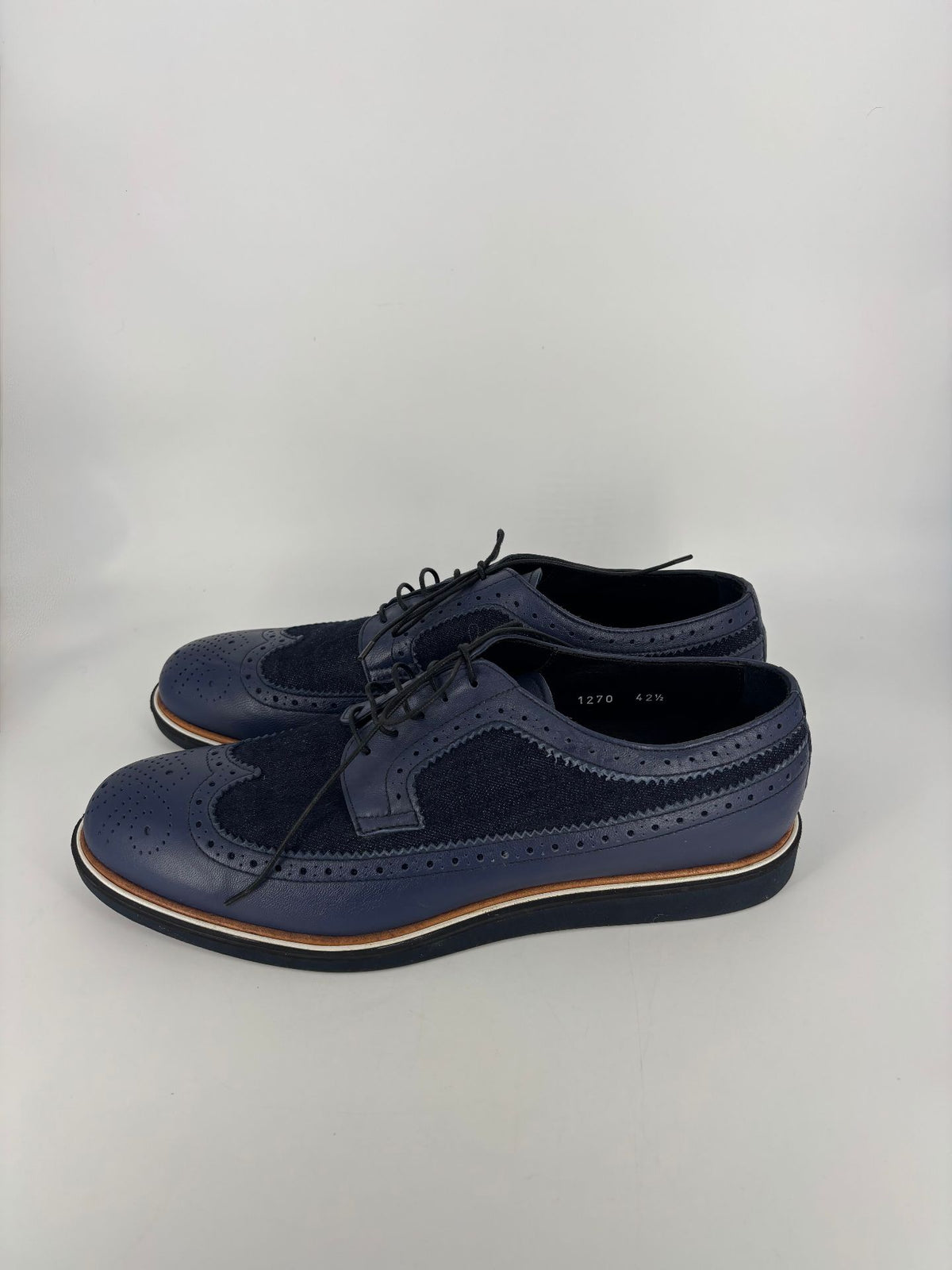 Derbies Baldinini à bout fleuri, cuir bleu marine et denim – Pointure 42,5-4