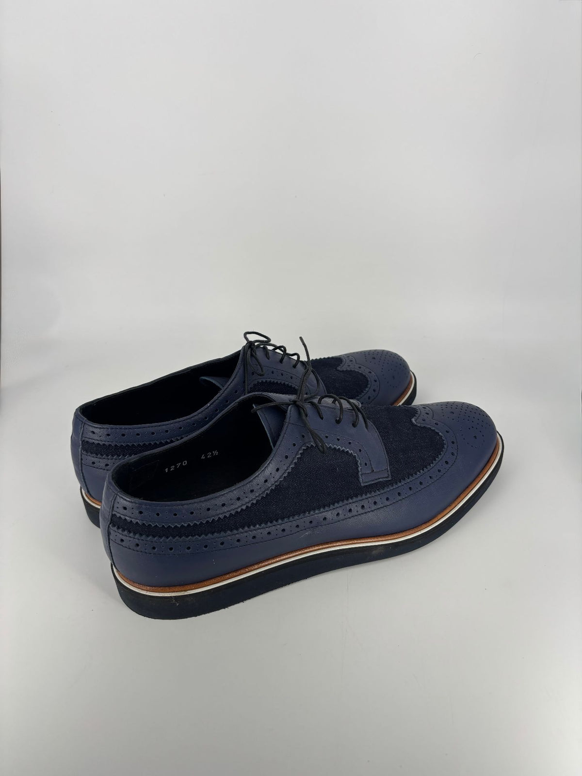Derbies Baldinini à bout fleuri, cuir bleu marine et denim – Pointure 42,5-8