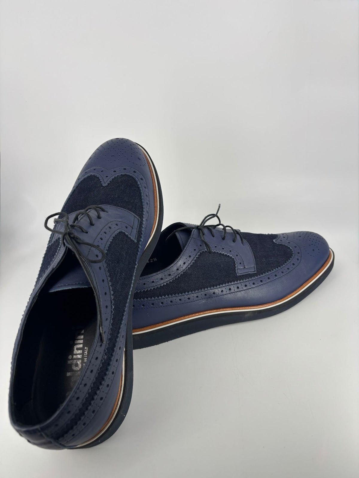 Derbies Baldinini à bout fleuri, cuir bleu marine et denim – Pointure 42,5-9