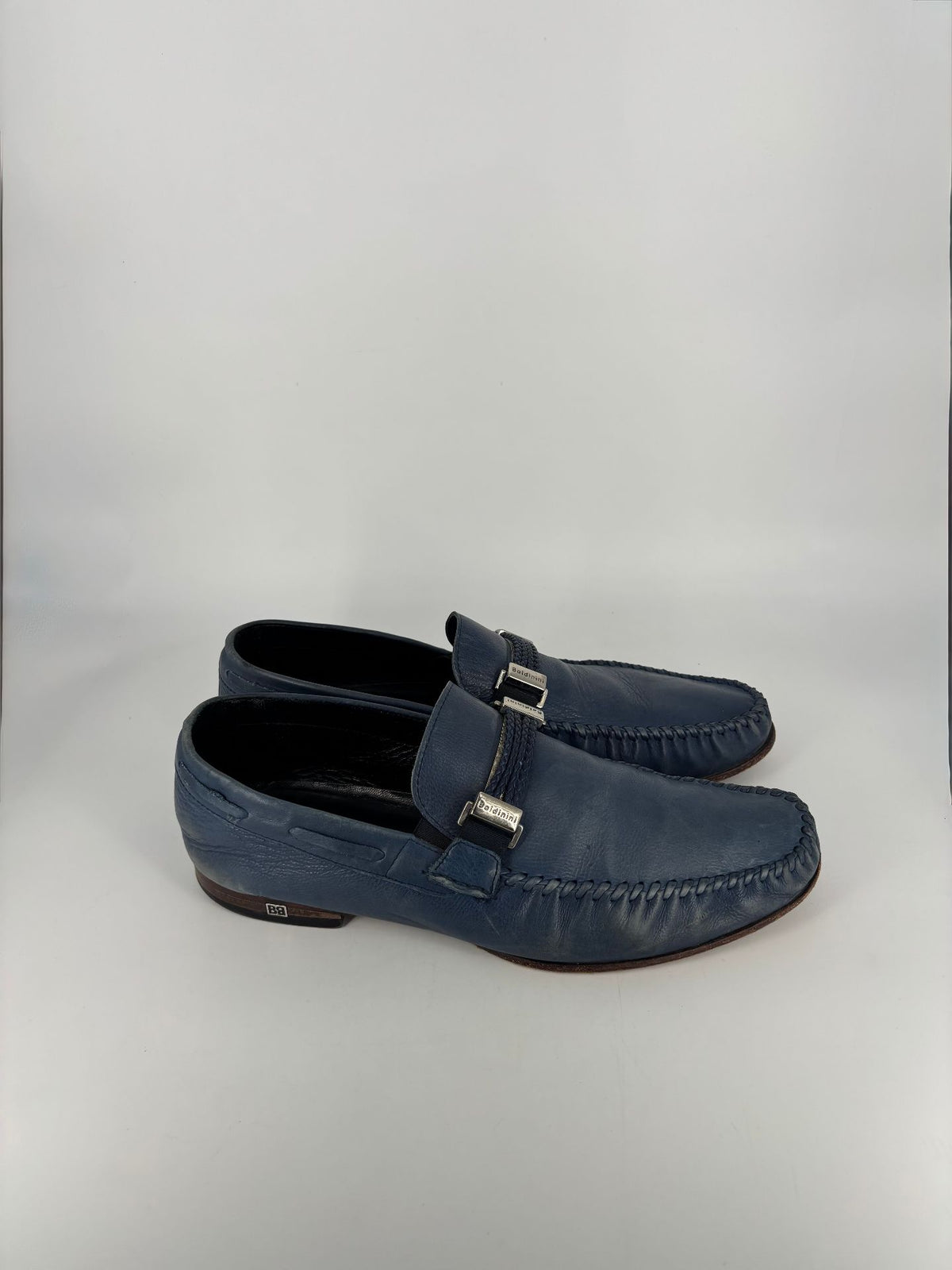 Mocassins Baldinini cuir bleu bride tressée siglée – Pointure 43-7