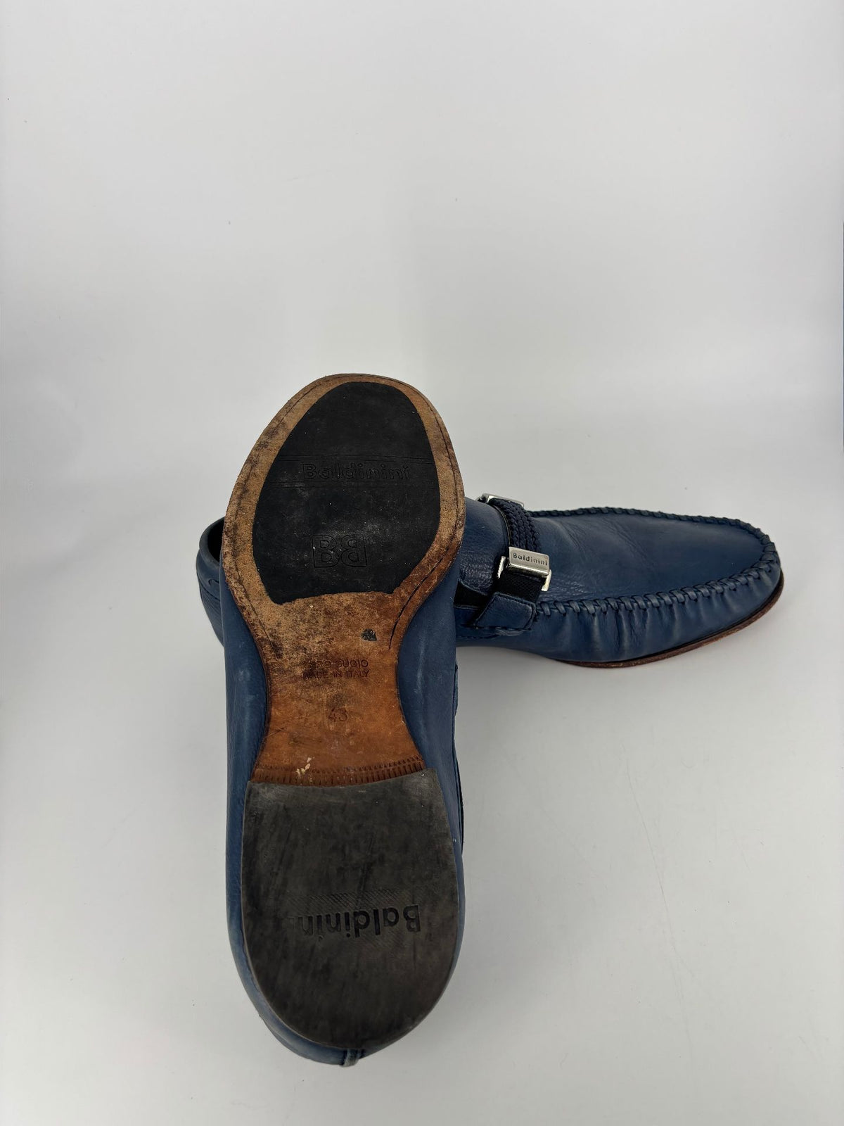 Mocassins Baldinini cuir bleu bride tressée siglée – Pointure 43-8