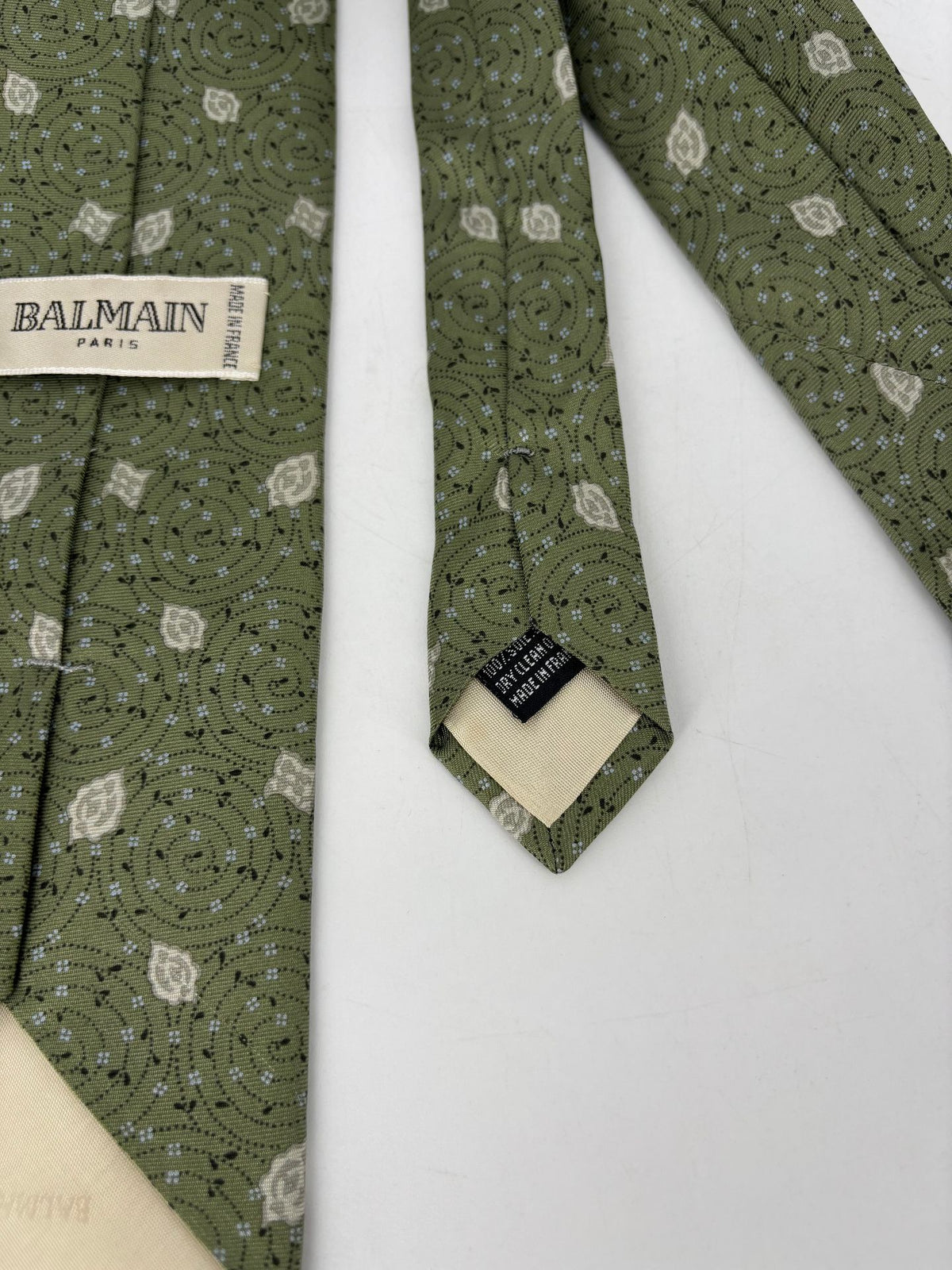 Cravate Balmain Paris vintage en soie vert olive-5