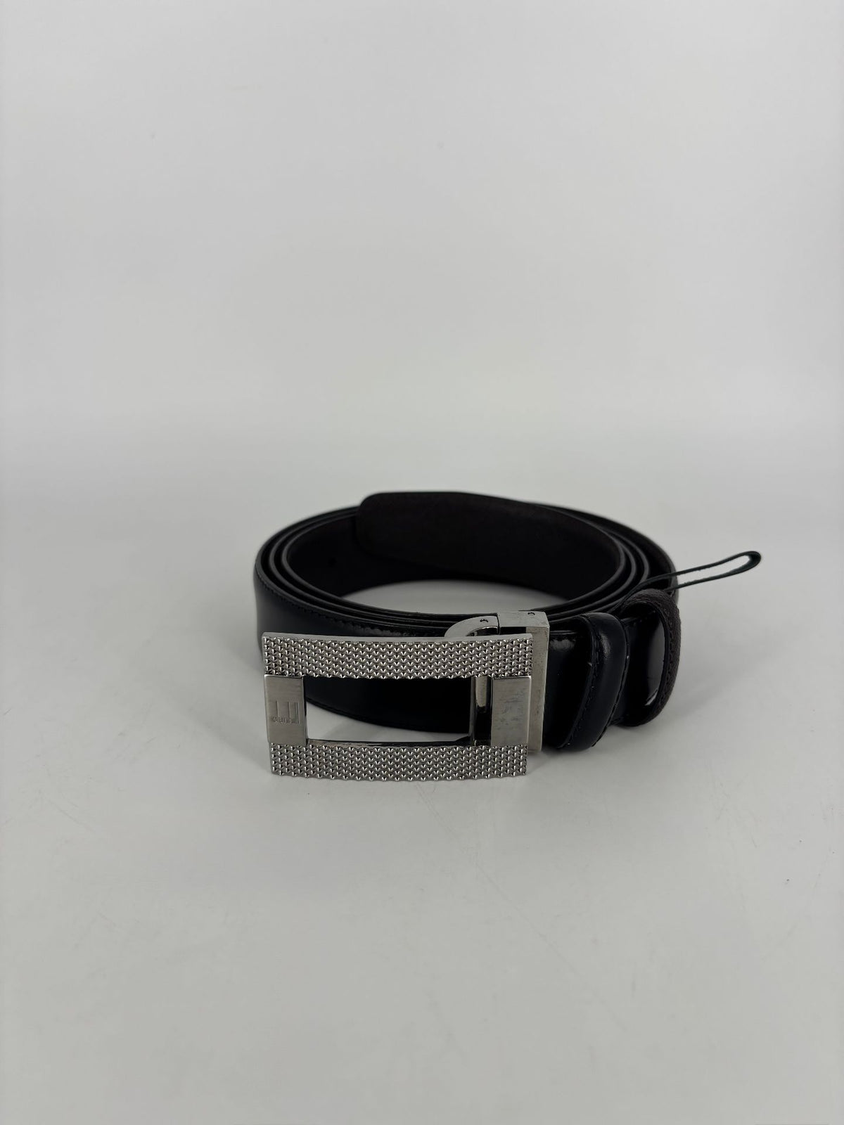 Ceinture Dunhill en cuir noir boucle argentée texturée – Taille 110-3