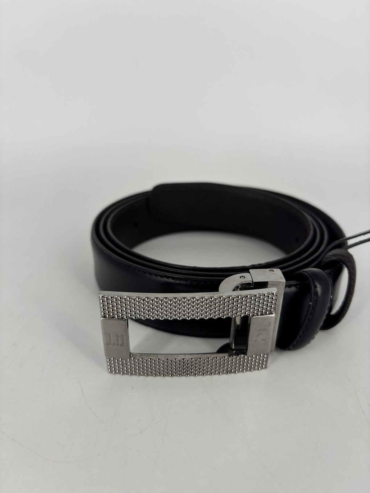 Ceinture Dunhill en cuir noir boucle argentée texturée – Taille 110-2