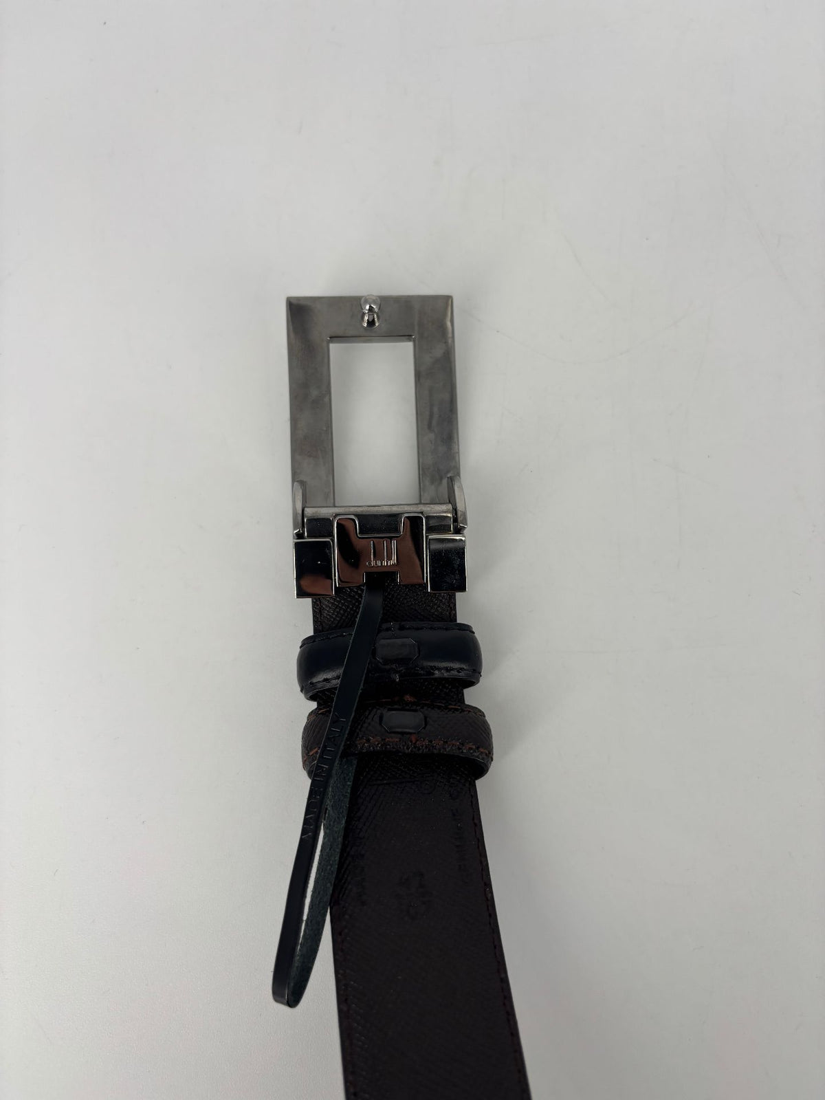 Ceinture Dunhill en cuir noir boucle argentée texturée – Taille 110-9
