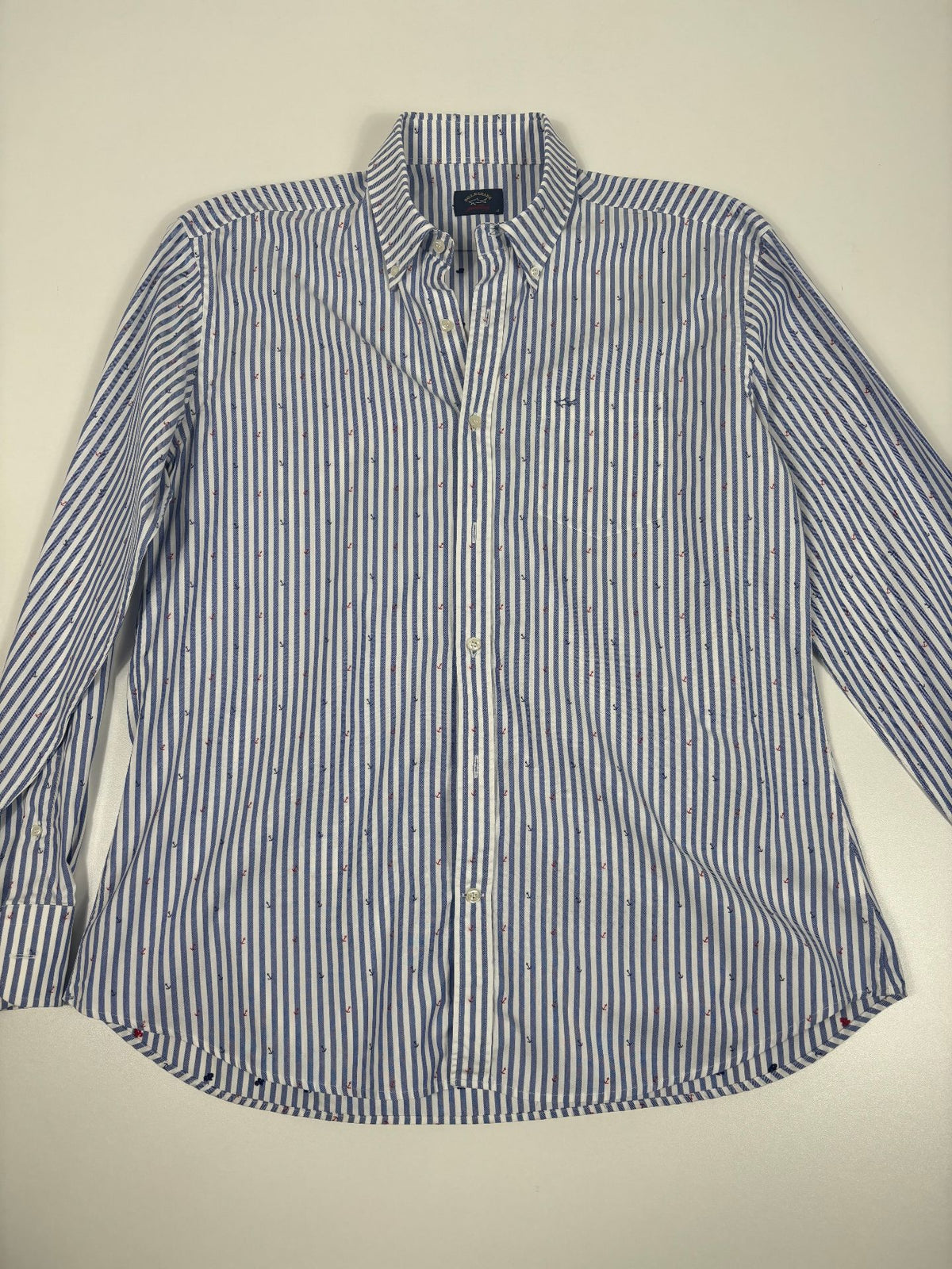 Chemise Paul & Shark Yachting rayée bleue à motif ancres – Taille 43-5