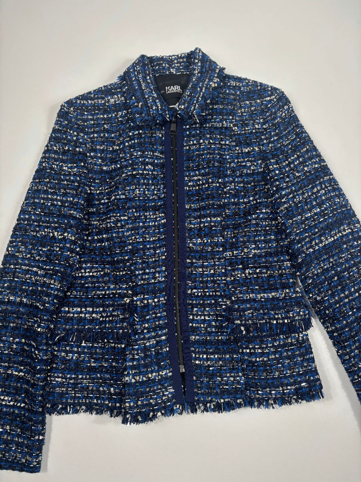 Veste Karl Lagerfeld en tweed bleu et lurex à franges – Taille 36-4