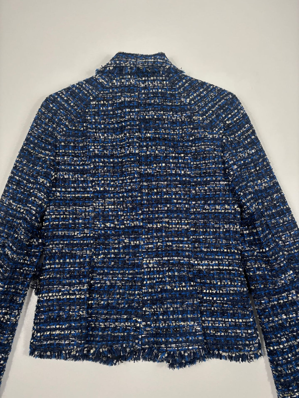 Veste Karl Lagerfeld en tweed bleu et lurex à franges – Taille 36-5