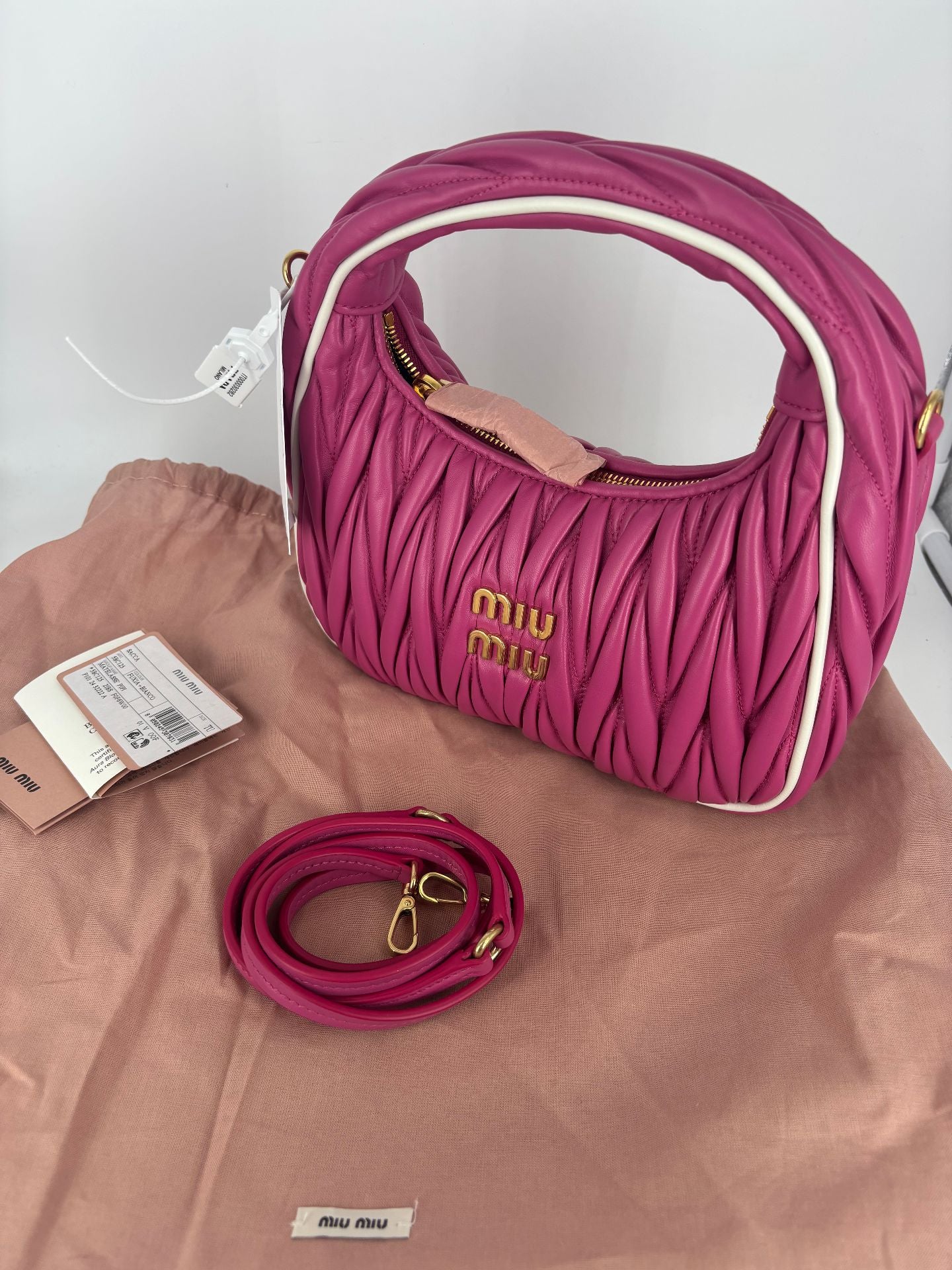 Miu Miu Wander cuir nappa matelassé rose fuchsia bords ivoire – Neuf-2