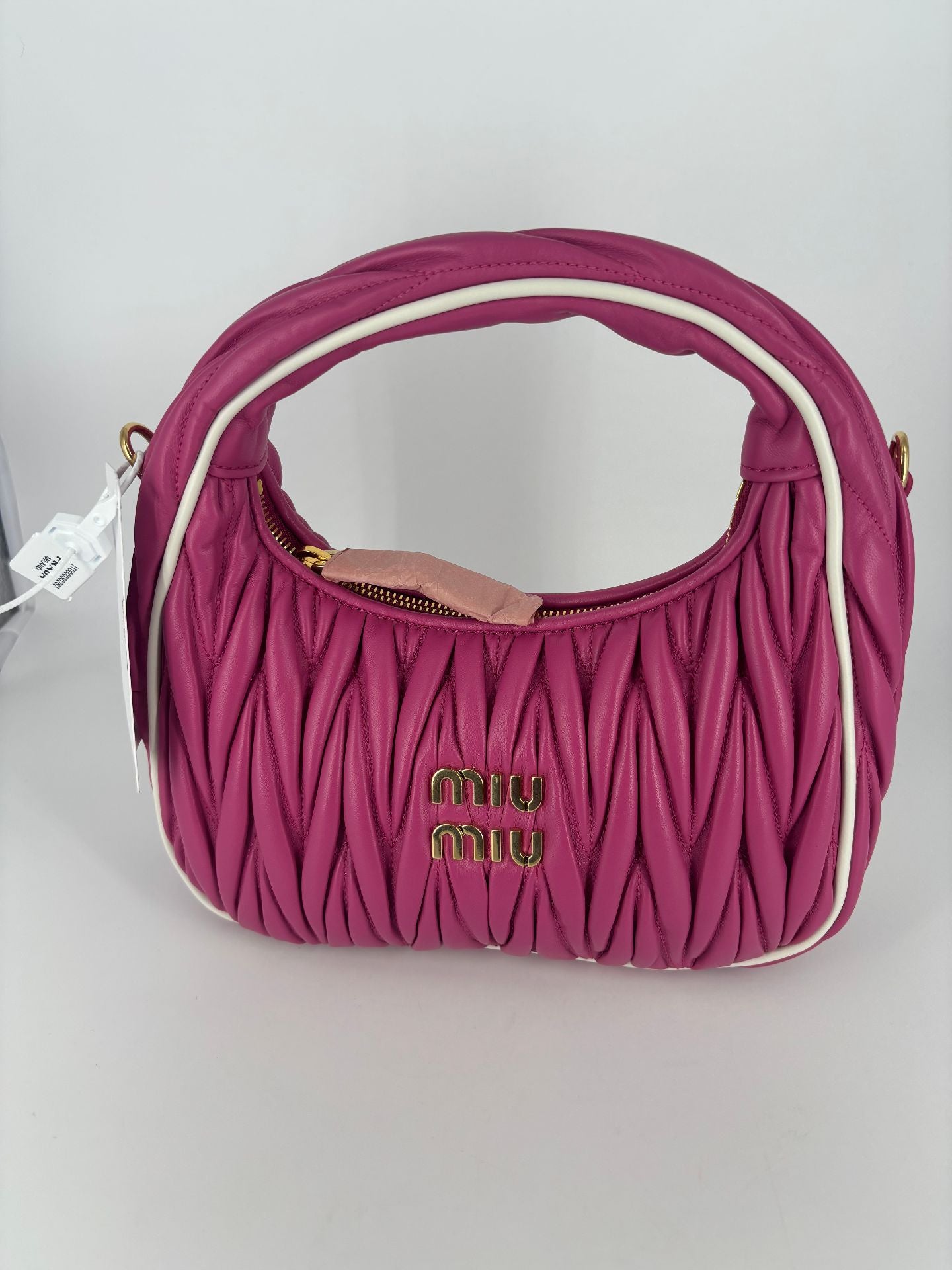Miu Miu Wander cuir nappa matelassé rose fuchsia bords ivoire – Neuf-4